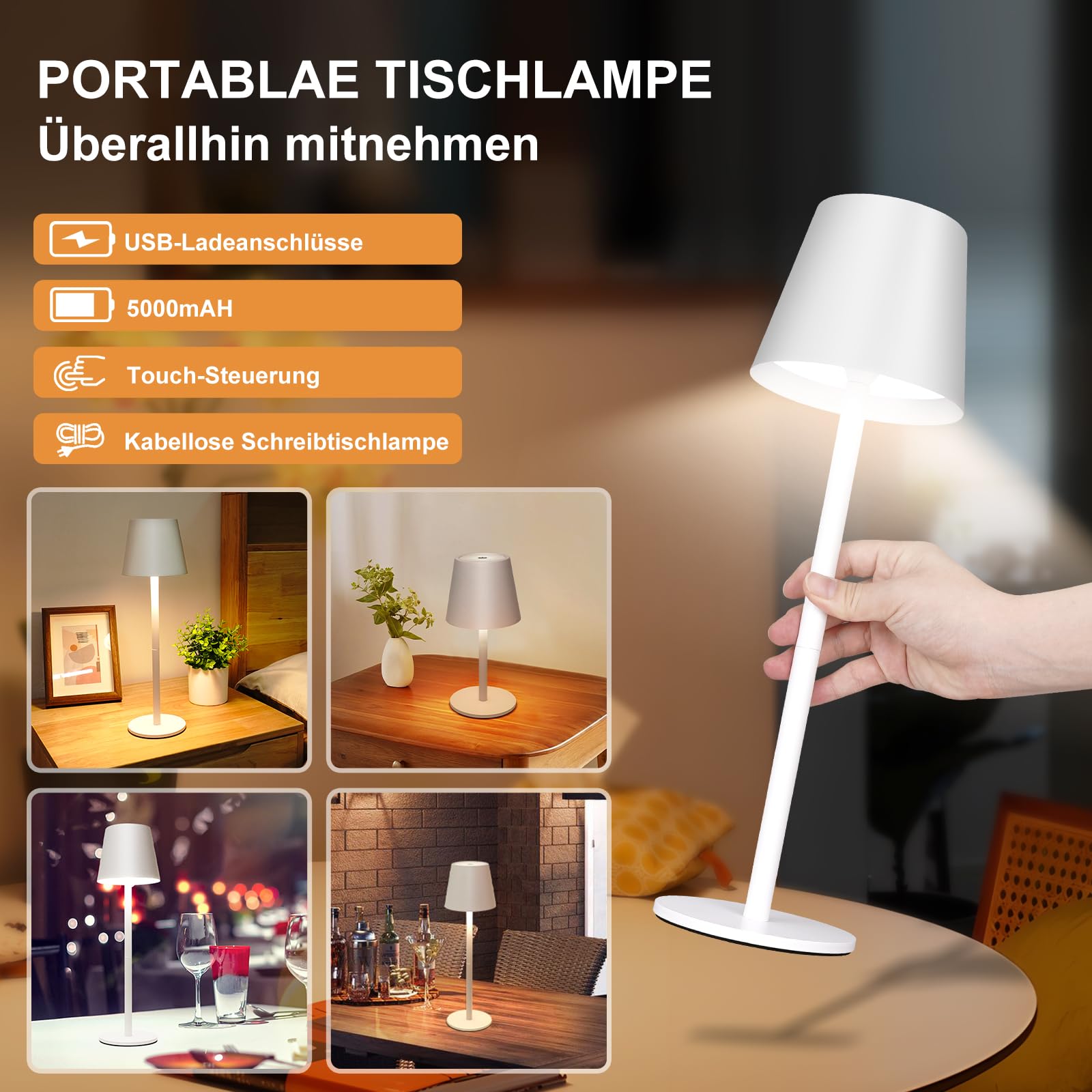 2 lámparas LED de mesa con batería, USB-C inalámbrica Lamparas de Mesa con 3 Temperaturas de Color Ajuste Tactil,5000mAh, IP54 resistente al agua, Adecuada para Interior,Exterior, Blanco