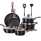 Kitchen Academy Induction Pots and Pans Set Non Stick - 12 Pcs Nonstick Kitchen Cookware Set, Black Hammered Cooking Pans Set