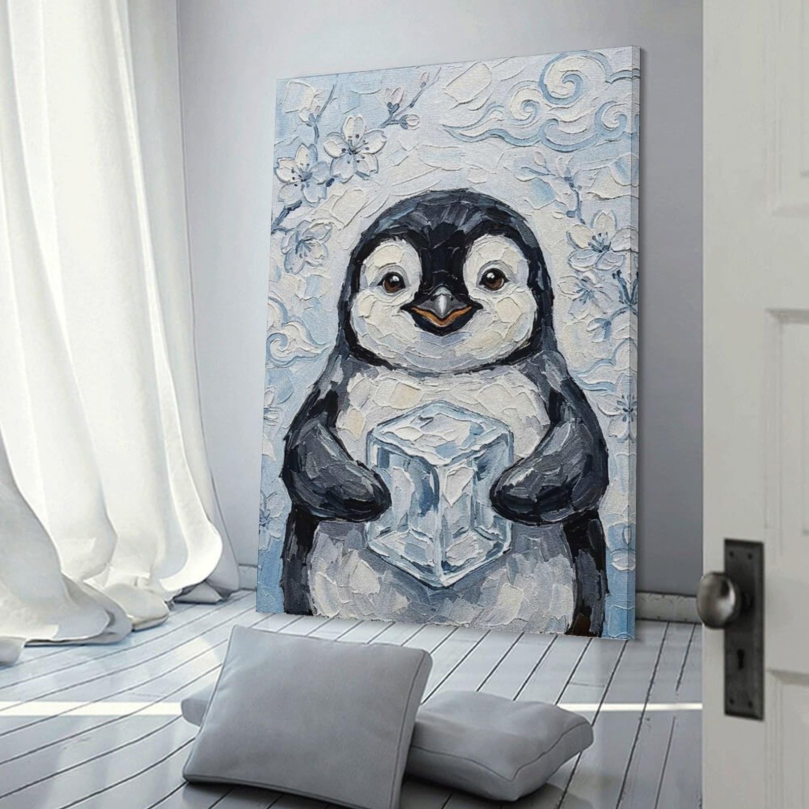 Junmoney Penguin with Ice Cube Painting Home Decor Wall Art 20x30inch(50x75cm), for Bedroom, Guest Room Or Reading Nook, Decorative Wall Art for Cosy Rooms