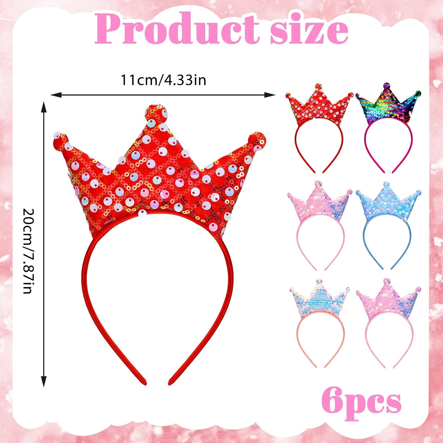 6 PCS Princess Crown Headband,Sequins Crowns Headband,Glitter Headbands Crown Party Favors Glitter Tiara Set for Little Girls & Teens Birthday & Halloween Christmas Party Gifts - Image 2