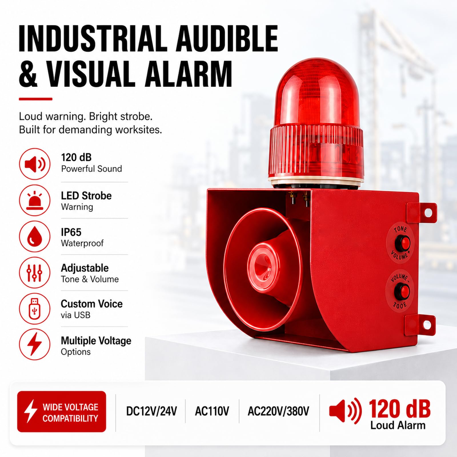 Sirena Industrial Con Alarma Exterior, 120dB Con Bocina De Aluminio DC24V | Cuentas LED Antivibración, Cubierta De Lámpara PS, Carcasa De Acero, 9 Tonos, Reemplazo De Voz USB, Montaje En Pared