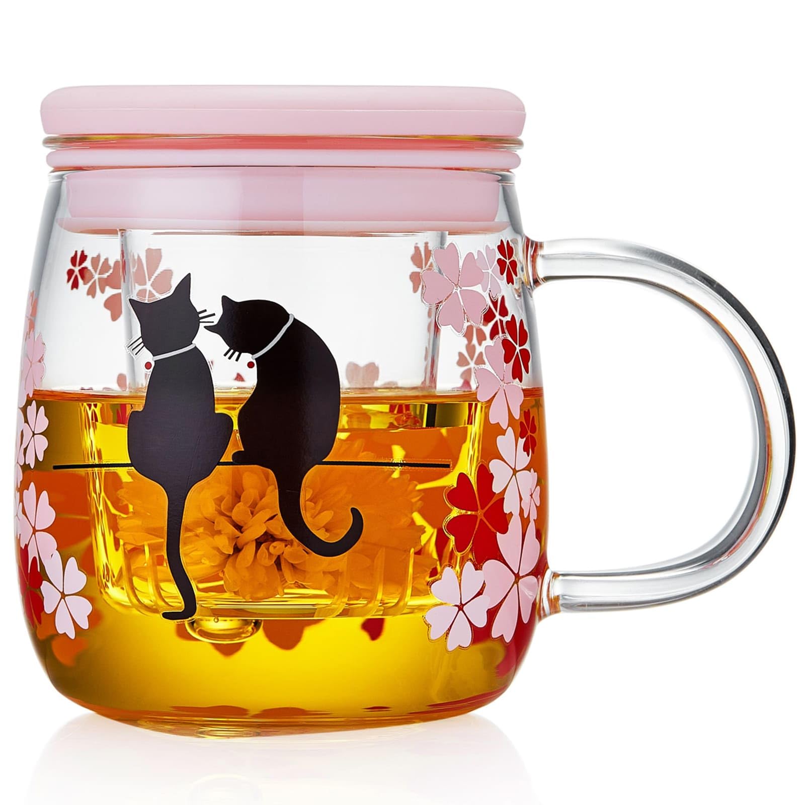 Tasse en verre pour infusion thé en vrac filtre et couvercle motif chat