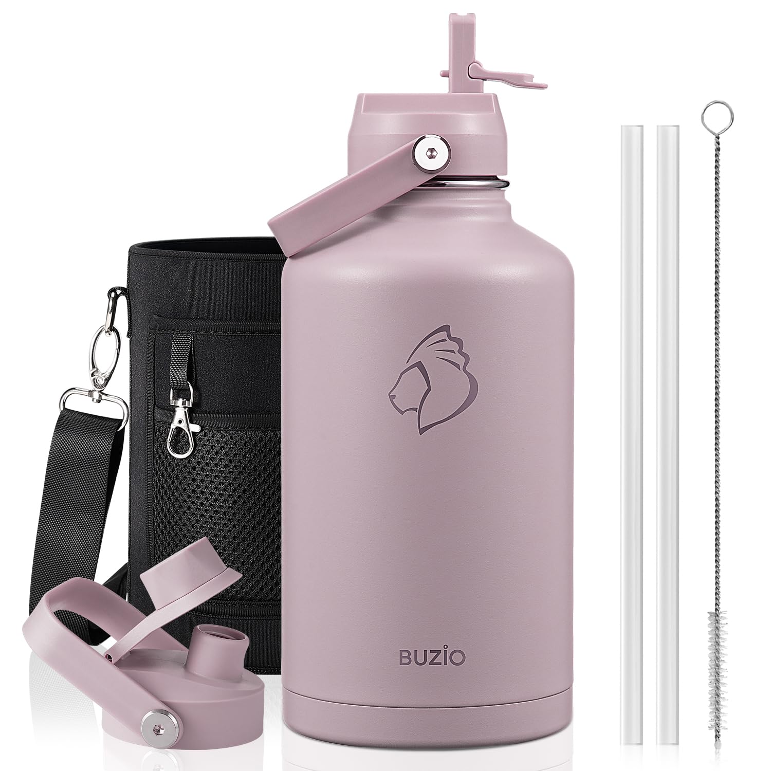 BUZIO 64oz Insulated Water Bottle, Half gallon Stainless Steel Jug (Cold for 48 Hrs), Triple Wall Vacuum Large Metal Flask with Leakproof Straw Lid and Carry Sleeve, Purple