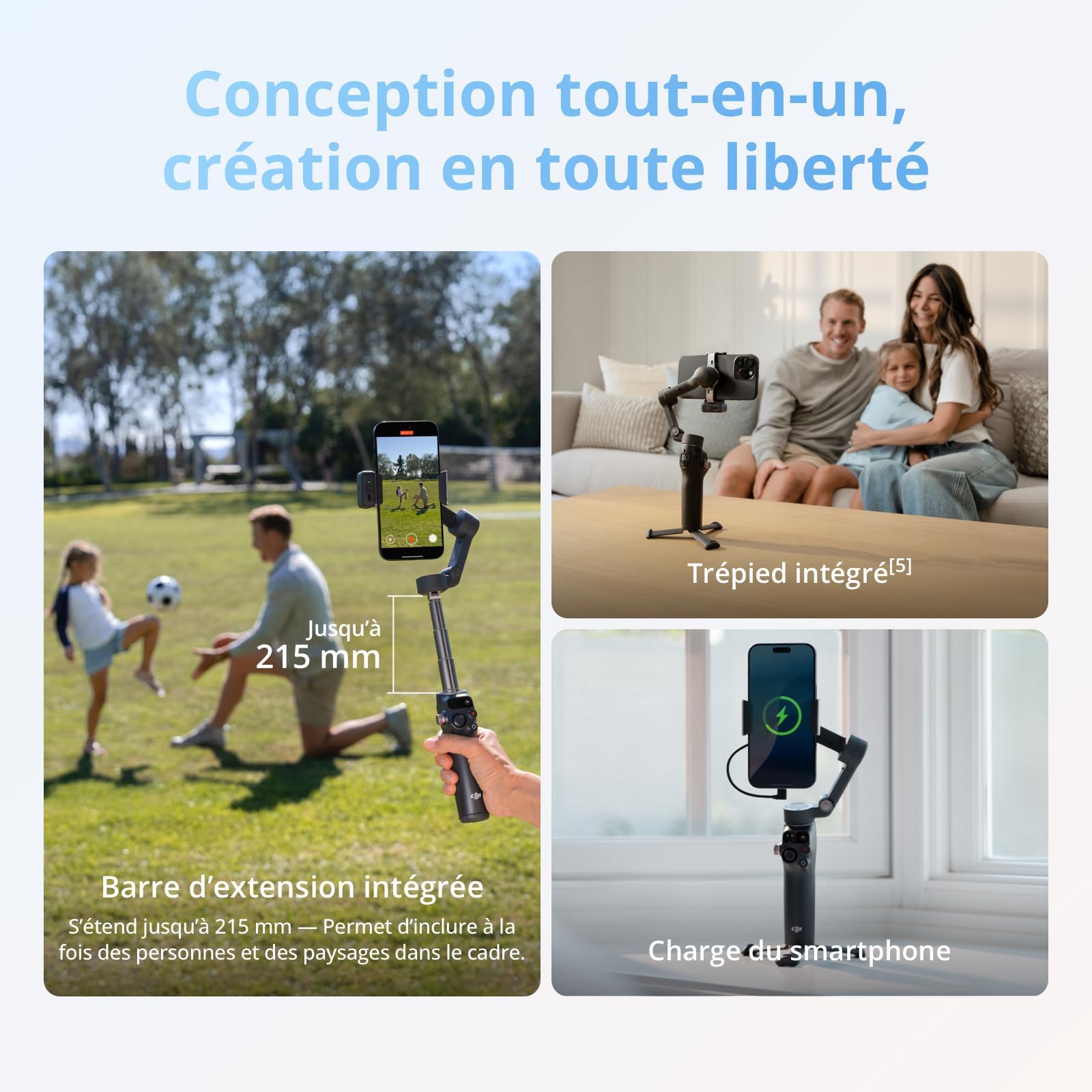 Nacelle stabilisatrice pour Smartphone DJI Bundle Suivi avancé Osmo Mobile 8, Suivi natif IA avec Audio et éclairage, Rotation panoramique à 360°, Barre d’Extension et trépied intégrés