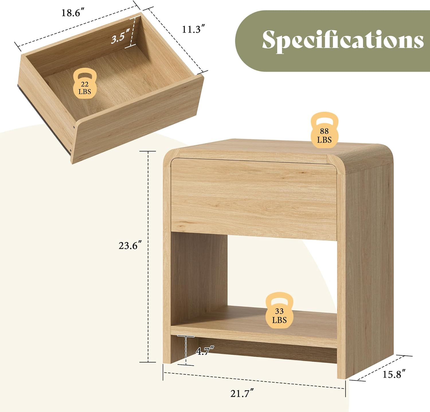 AMERLIFE Modern Night Stand Set 2 with Storage Drawer & Open Shelves, 24" Round Bedside Table Nightstand with Curved Top Corners for Bedroom Living Room Sofa Office, End Table for Small Spaces, Oak