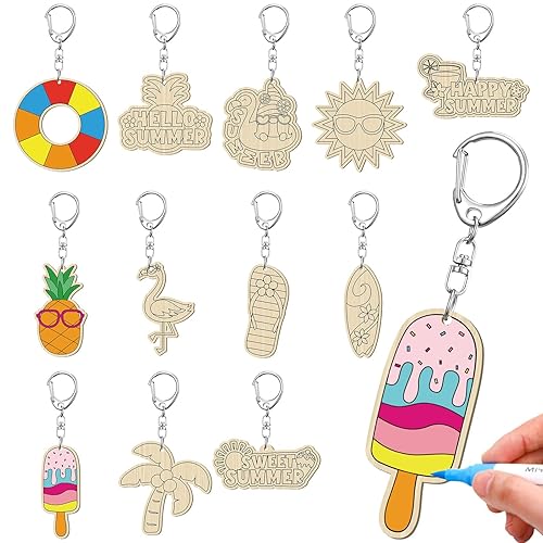 RattanView 24 Pcs Summer Party Craft Color Your Own Keychains