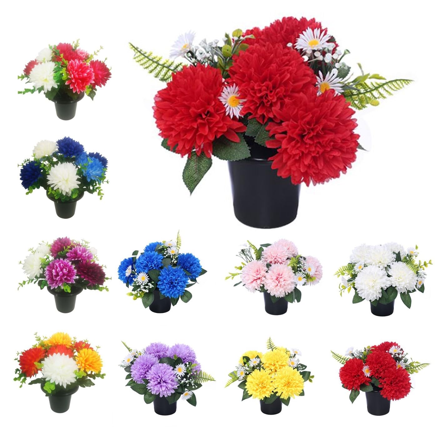 Chrysanthemum Grave Flower Pots | Artificial Flowers For Graves | Cemetery Funeral & Floral Decorations | Grave Flowers | Long Lasting Design & Quality (Red Chrysanthemum & Daisy)