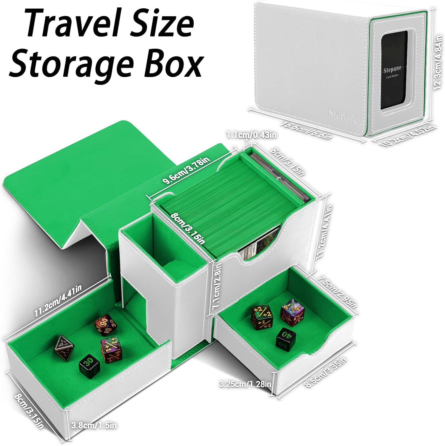 MTG Deck Box for Commander Display with Dice Tower, Fits 100 Double-Sleeved Cards for TCG/PTCG, Multifunctional Card Storage Box, with a 35PT Magnetic Card Holder (White Green) image 3