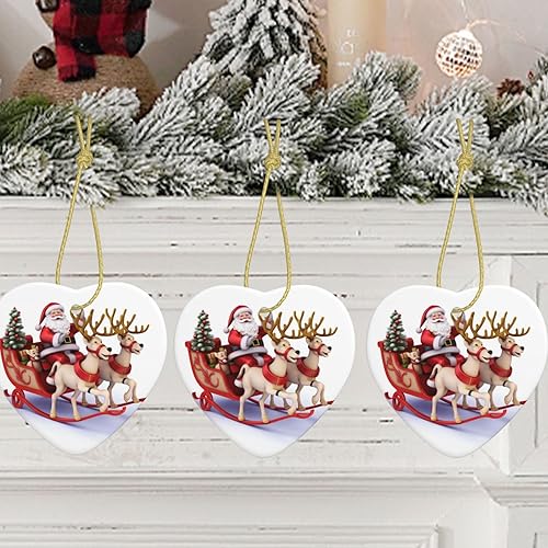 Miniatura 6 de Trineo de reno de Papá Noel, árbol de Navidad colgante de cerámica de doble cara, adornos de Navidad impresos en forma de corazón, colgantes de