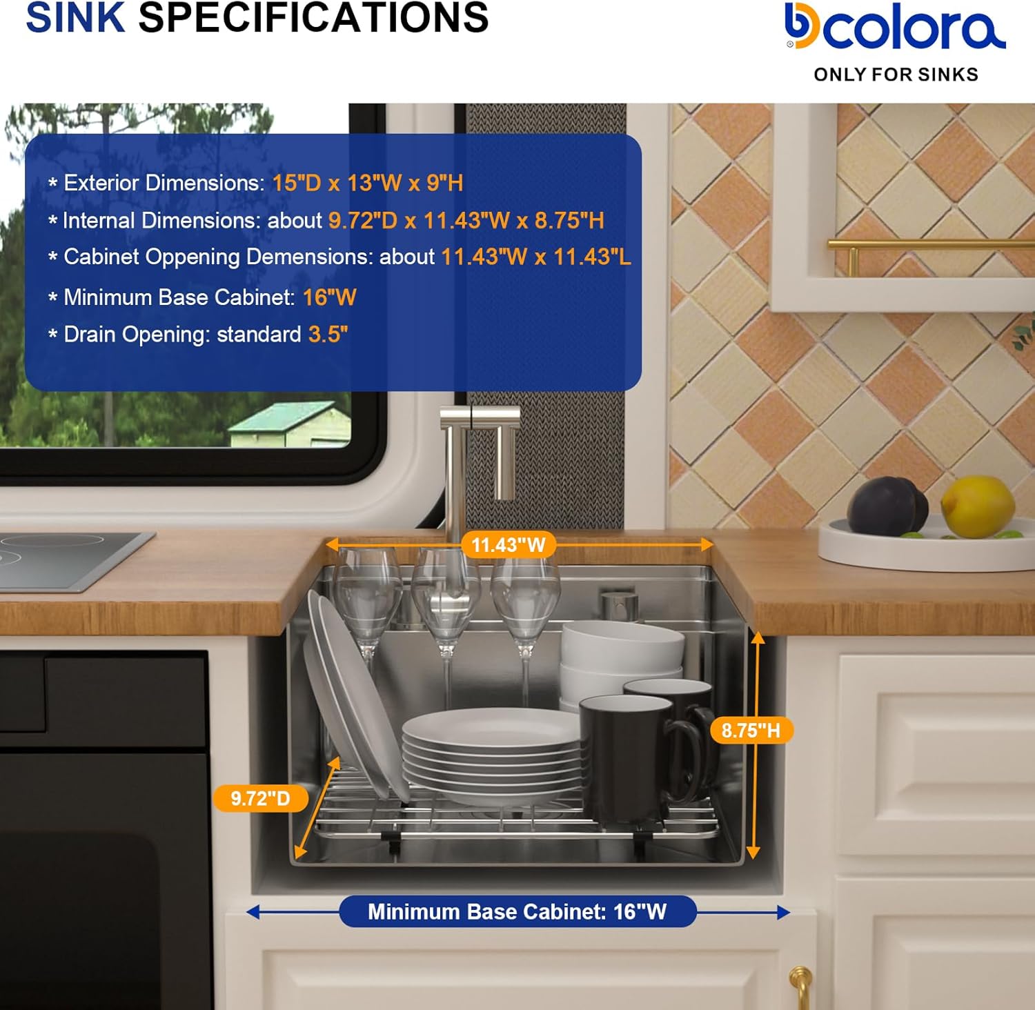 Dcolora 13 In. RV Undermount Sink with Foldable Faucet, Stainless Steel Single Bowl Prep Sink Workstation for Camper, Outdoor Kitchen, Bar, Island, 13"x15"x9" #DC-SFDOE00048