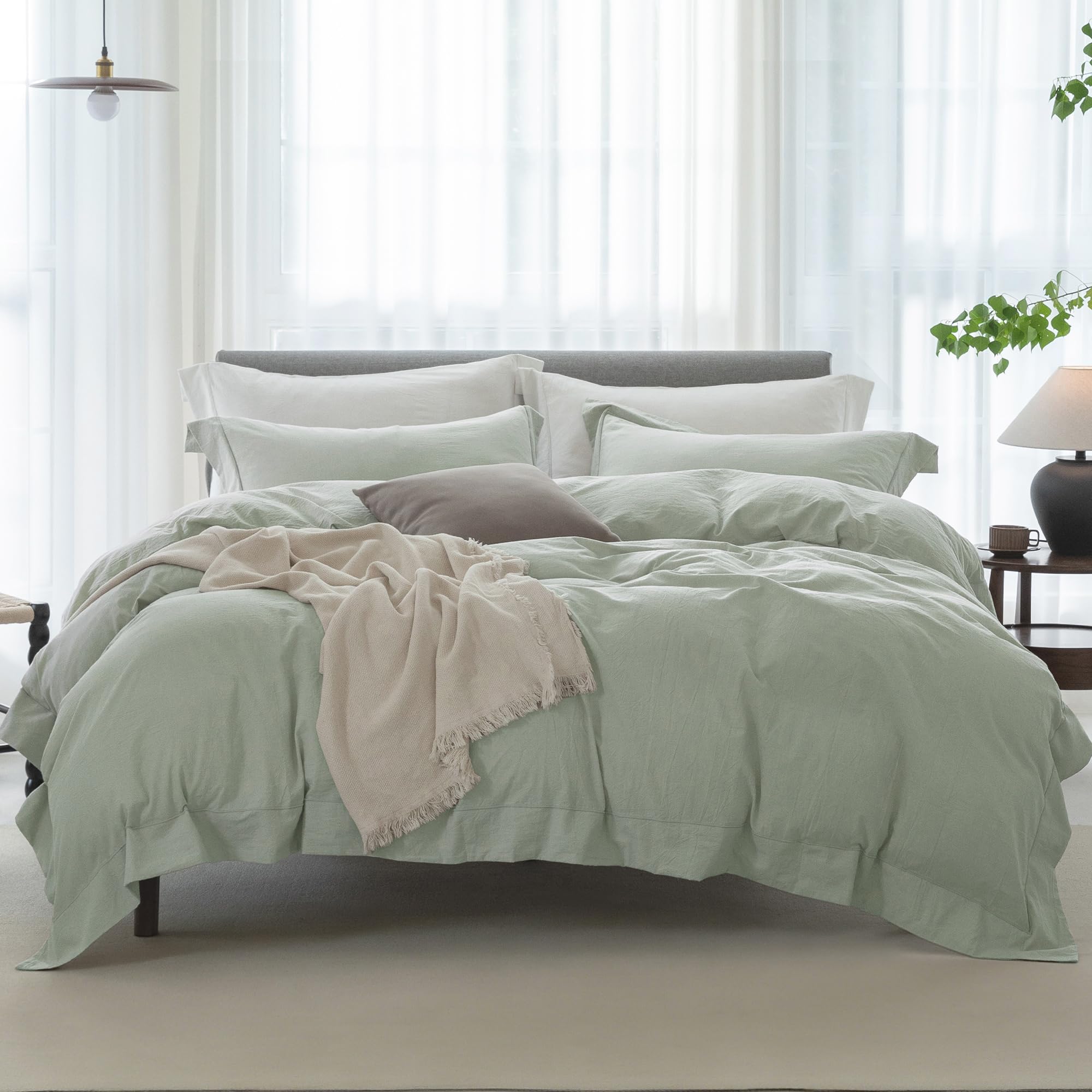 Photo 1 of ELIMMO Cooling Duvet Cover Set 3 Pieces-100% Washed Cotton with Chic Wide Trim Design Linen Like Textured Ultra Soft Cozy Bedding with Zipper Closure(Hemmed Sage Green,Oversized King 120"x98")