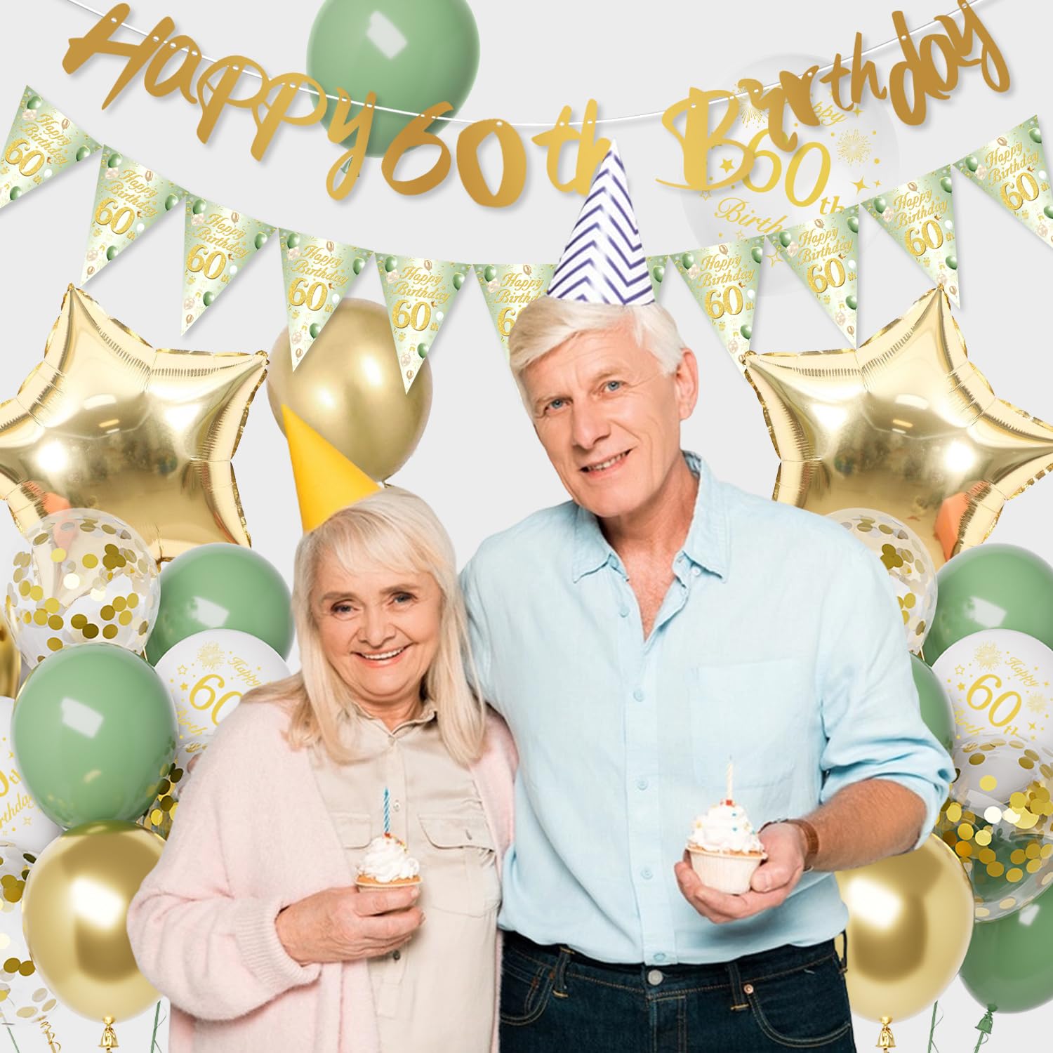 Décoration Anniversaire 60 Ans, Vert Or Ballon 60 Ans Anniversaire Femme Homme, Decoration 60 Ans, Bannière Joyeux Anniversaire pour 60 Réutilisable - 4