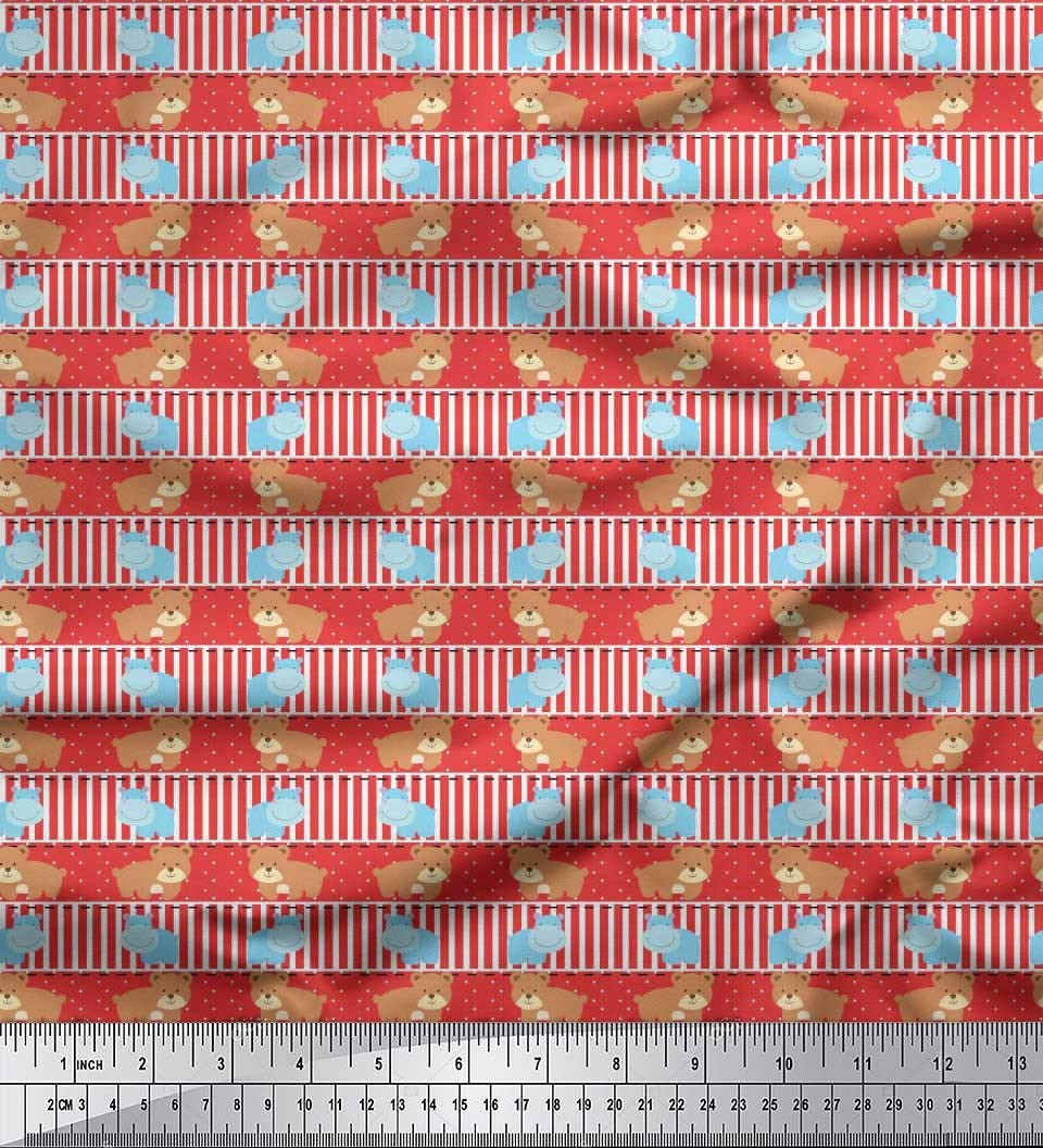 Soimoi Orange Cotton Duck Fabric Stripe,Hippo & Bear Cartoon Decor Fabric Printed BTY 42 Inch Wide