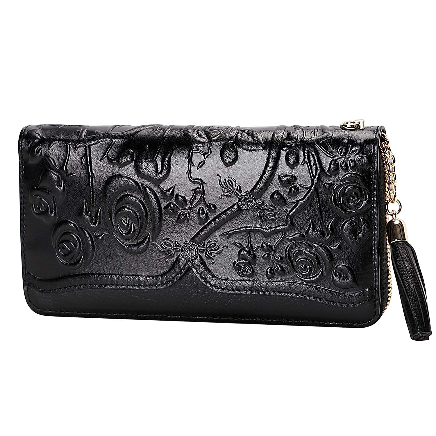 PIJUSHI Genuine Leather Wallets for Women Designer Floral Wristlet Wallet Ladies Clutch Purse with Tassel (20098 Black)