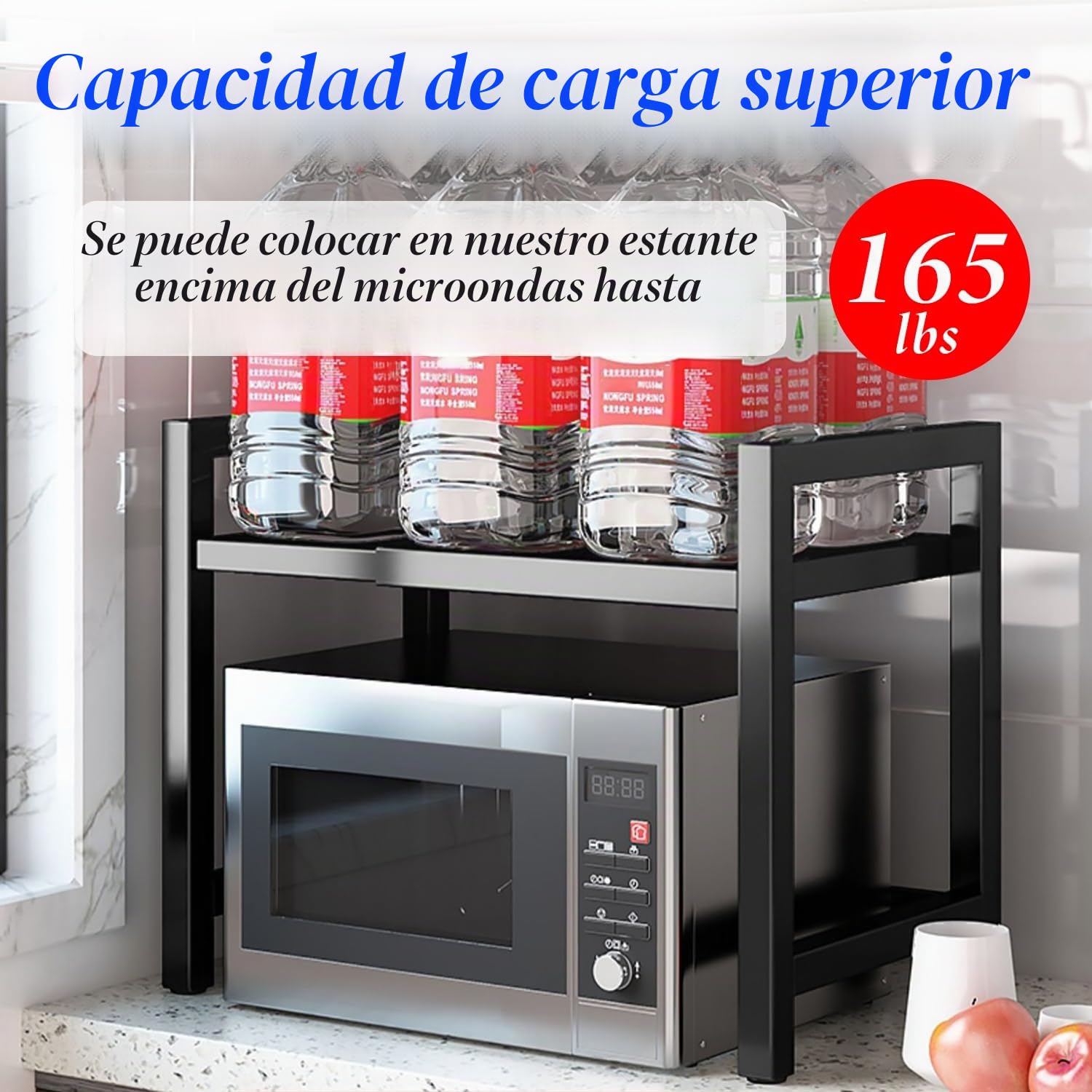 Estantería ajustable para microondas, 2 niveles, extensible de 40 a 60 cm, con 6 ganchos, para encimera, panadería, organizador de cocina (gris)