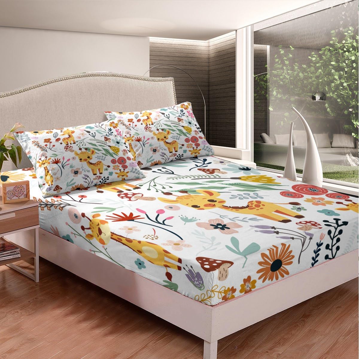 Homewish Lenzuolo con angoli, 90 x 190 cm, per bambini, motivo: foglie di fiori e funghi per bambine e ragazzi, lenzuolo con angoli per animali dei