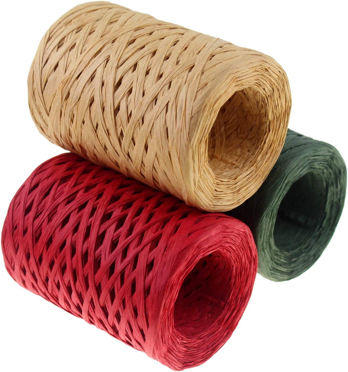 CREATRILL Raffia Ribbon Red Green Natural 3 Rolls 1080 Feet, 360 Feet Each Roll, Paper Twine Wrapping Ribbon for Christmas