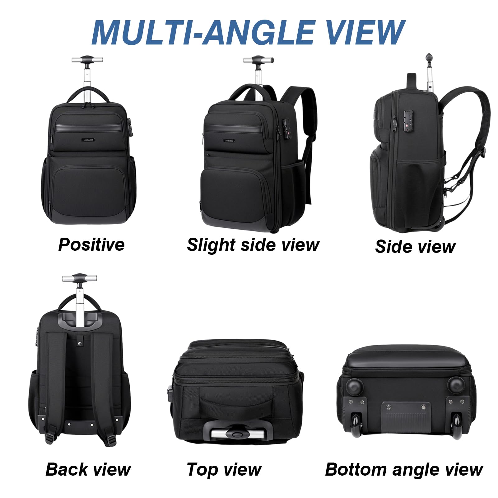 Zaino da Viaggio Trolley con Ruote Bagaglio a Mano Travel Backpack Valigia Suitcase Zainetto 18 Pollici Grande Borsa Laptop per uomo e donna Impermeabile Serratura a Codice Campeggio Scuola Nero