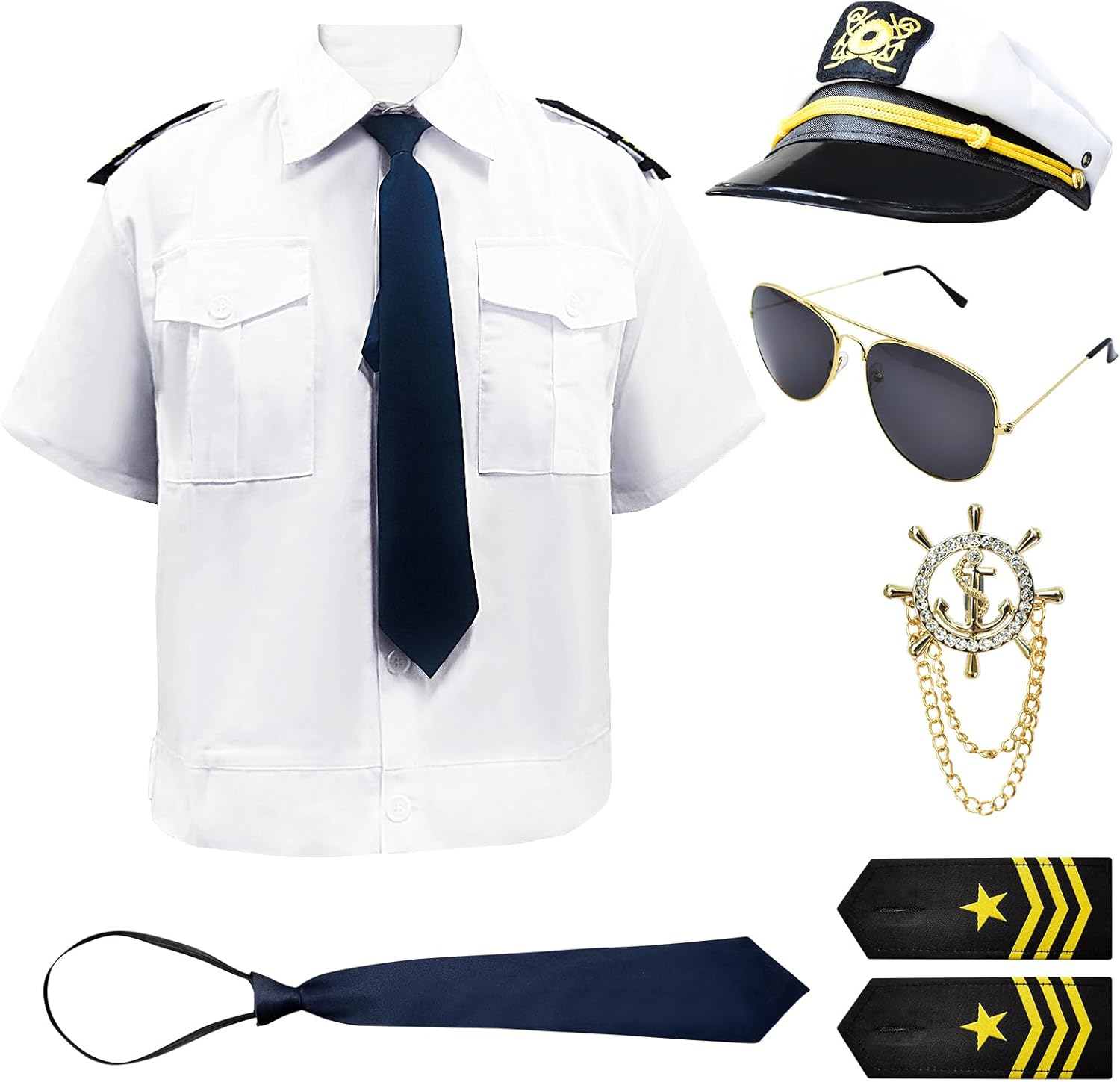 7 Pcs Yacht Captain Sailor Costume for Men Women,Yacht Accessories Set Captain Shirt Hat,Halloween Costumes for Men