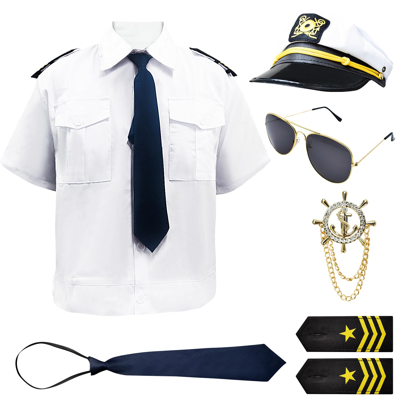 7 Pcs Yacht Captain Sailor Costume for Men Women Yacht Accessories Set Captain Shirt Hat Halloween Costumes for