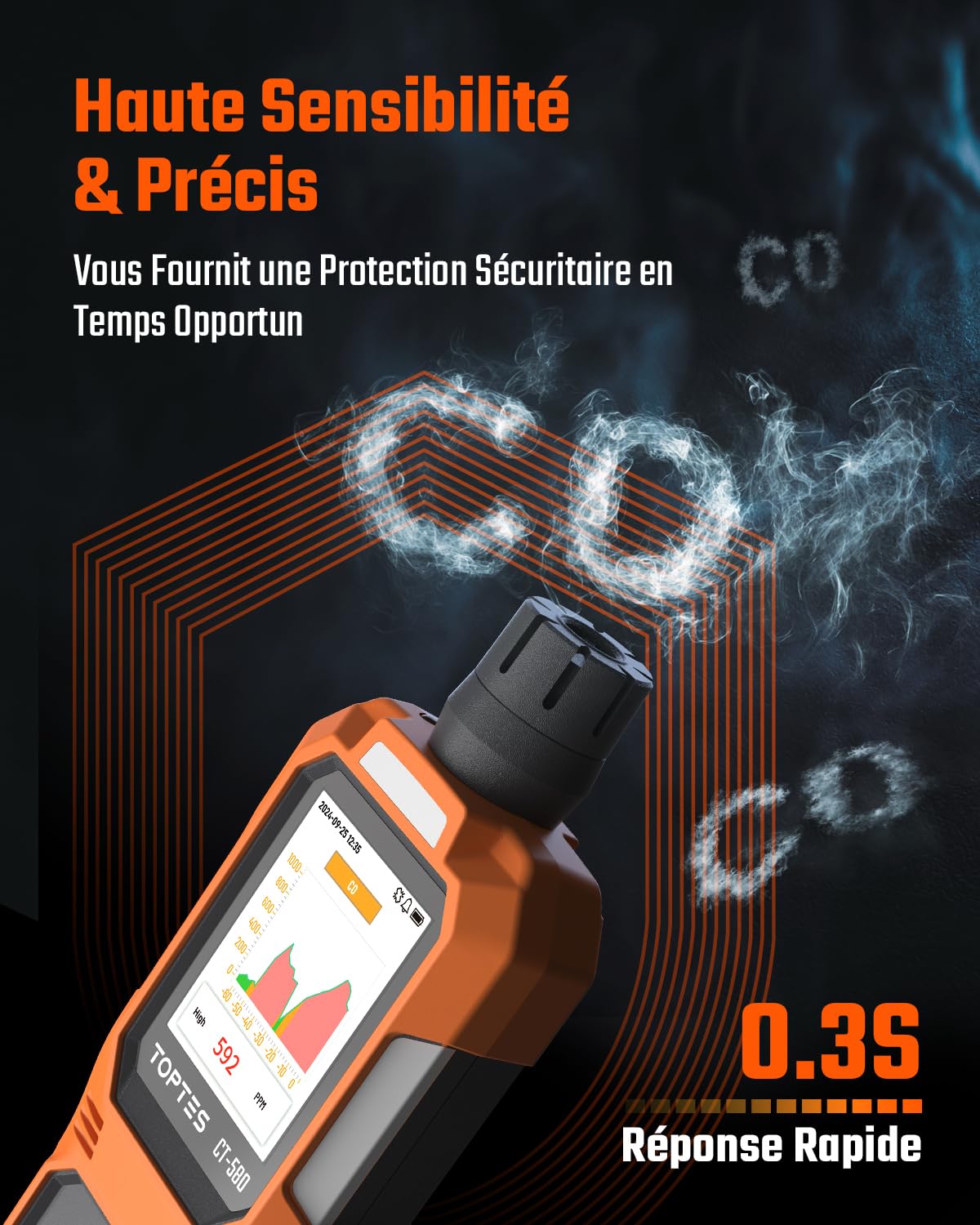 TOPTES CT-580 Détecteur de monoxyde de Carbone, détecteur de CO Rechargeable & Alarmes par Vibration, visuelles et sonores, Alarme CO Portable, 0-1000PPM pour Maison, Voiture, Camping & Voyages