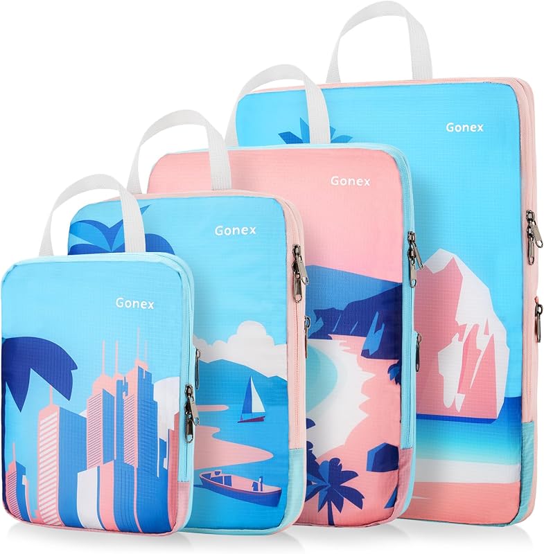 Gonex Cubos de embalaje de compresión de 4 piezas, organizadores de viaje expandibles | Diseño estampado único, tejido antidesgarro, compresión con doble cremallera, fácil de llevar, ligero