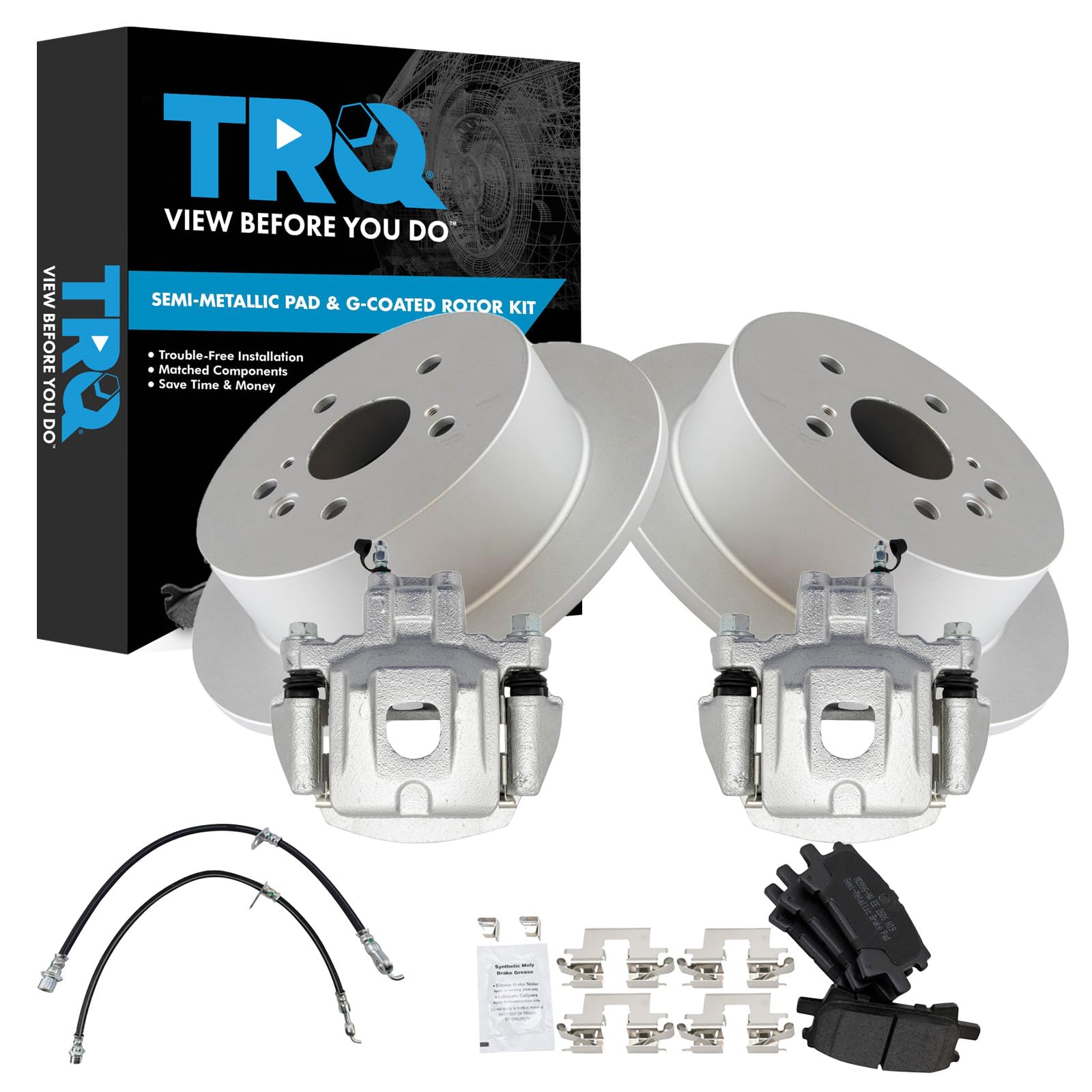 TRQ Rear Brake Pad and Rotor Set Semi Metallic Coated Rotors Calipers Compatible with 2004-2007 Toyota Highlander