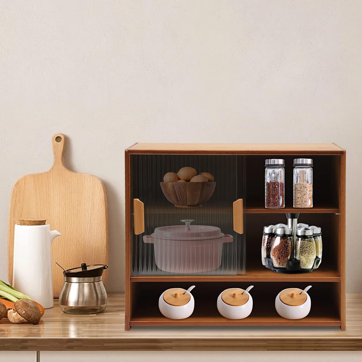 Small Bamboo Kitchen Pantry Sideboard, Countertop Kitchen Pantry Storage Cabinet with 2 Sliding Striped Glass Doors, Freestanding Kitchen Storage Shelf for Bottles, Dish, Bowl, Console Dining Cupboard
