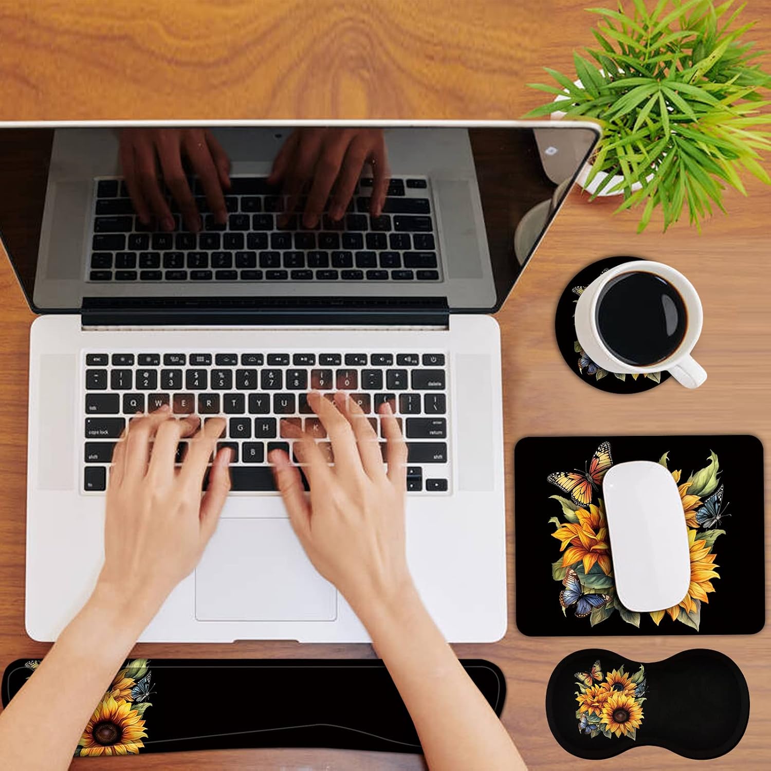 Keyboard Wrist Rest + Mouse Pad + Mouse Wrist Rest Support Set + Coaster, Ergonomic Memory Foam Mouse and Keyboard Pad Set for Laptop Computer Office Home Working Gaming, Sunflower Butterfly