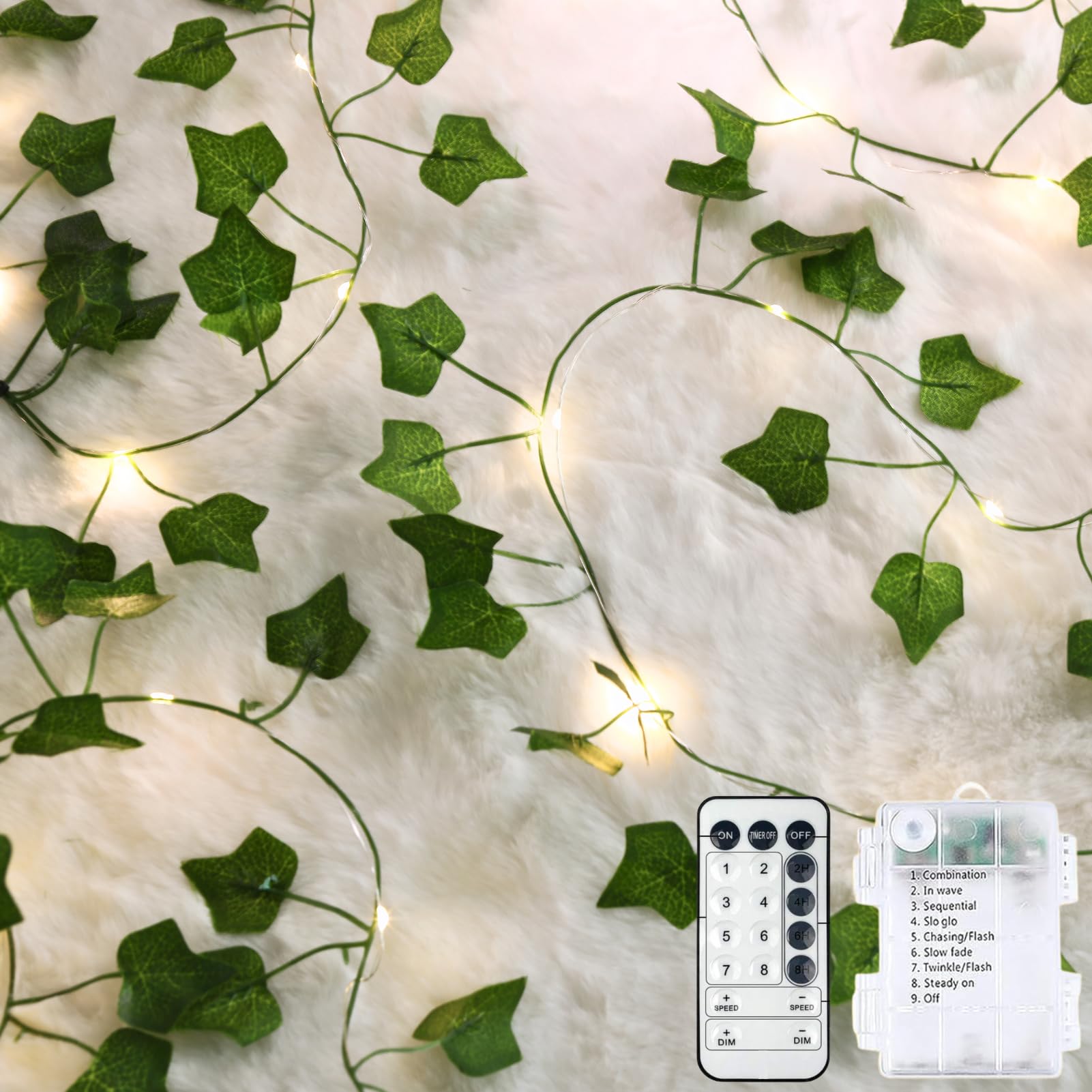 Vine con luces de hadas de 40 pies, 120 luces LED de hiedra con enchufe USB y luces de hoja que funcionan con pilas, con temporizador, 8 modos, luz decorativa remota para dormitorio, boda