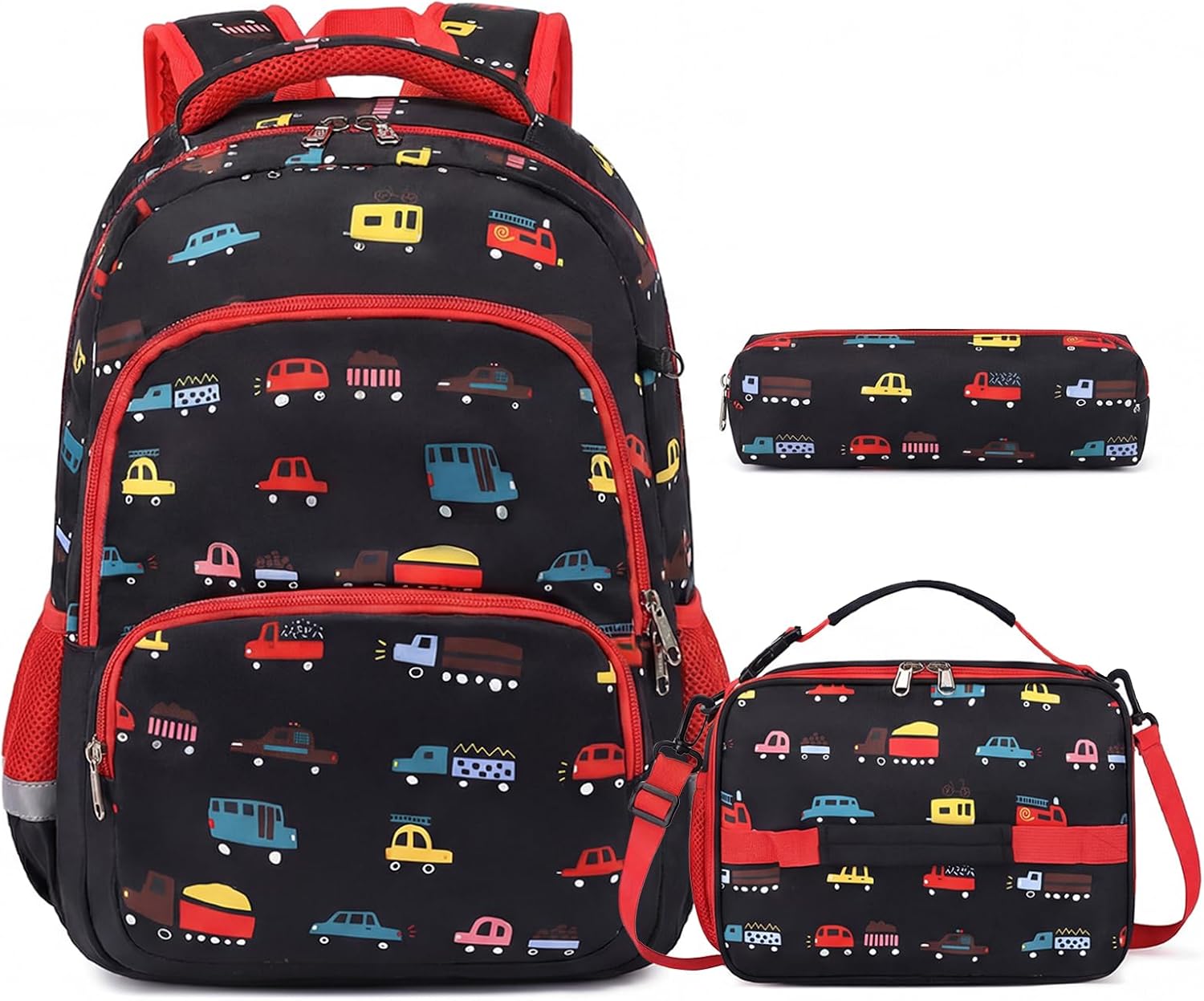 mygreen 3PCS Kids Backpack Set - Waterproof Bookbag with Lunch Box for Boys Ages 3-12, Adorable Cartoon Prints for School & Outdoor Use Black Red Car