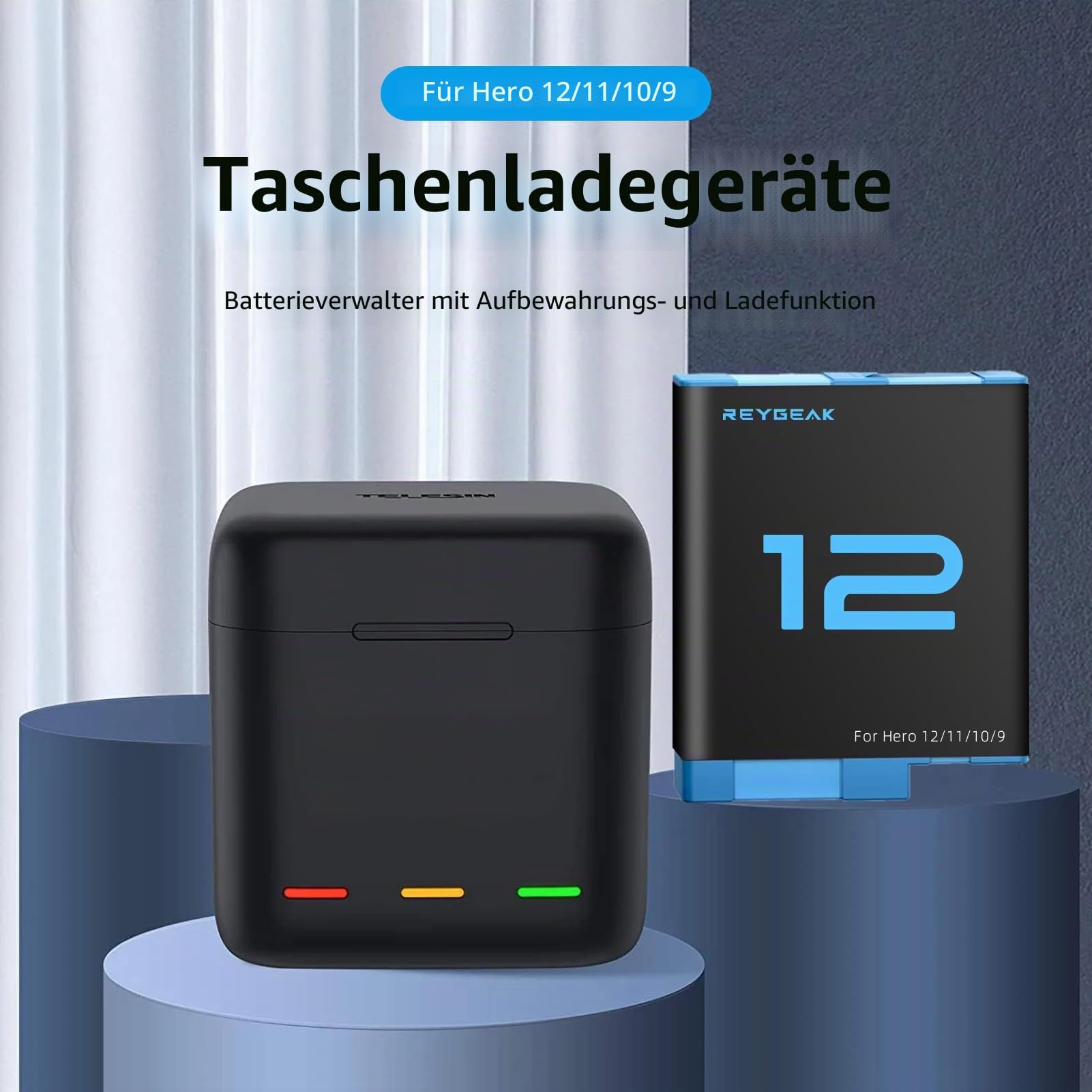 REYGEAK Hero 12 /Hero 11/10/9 Akku, Dreifach-Ladegerät und Speicherbox mit 3 Kanälen(Ladegerät + 2 × Batterie)
