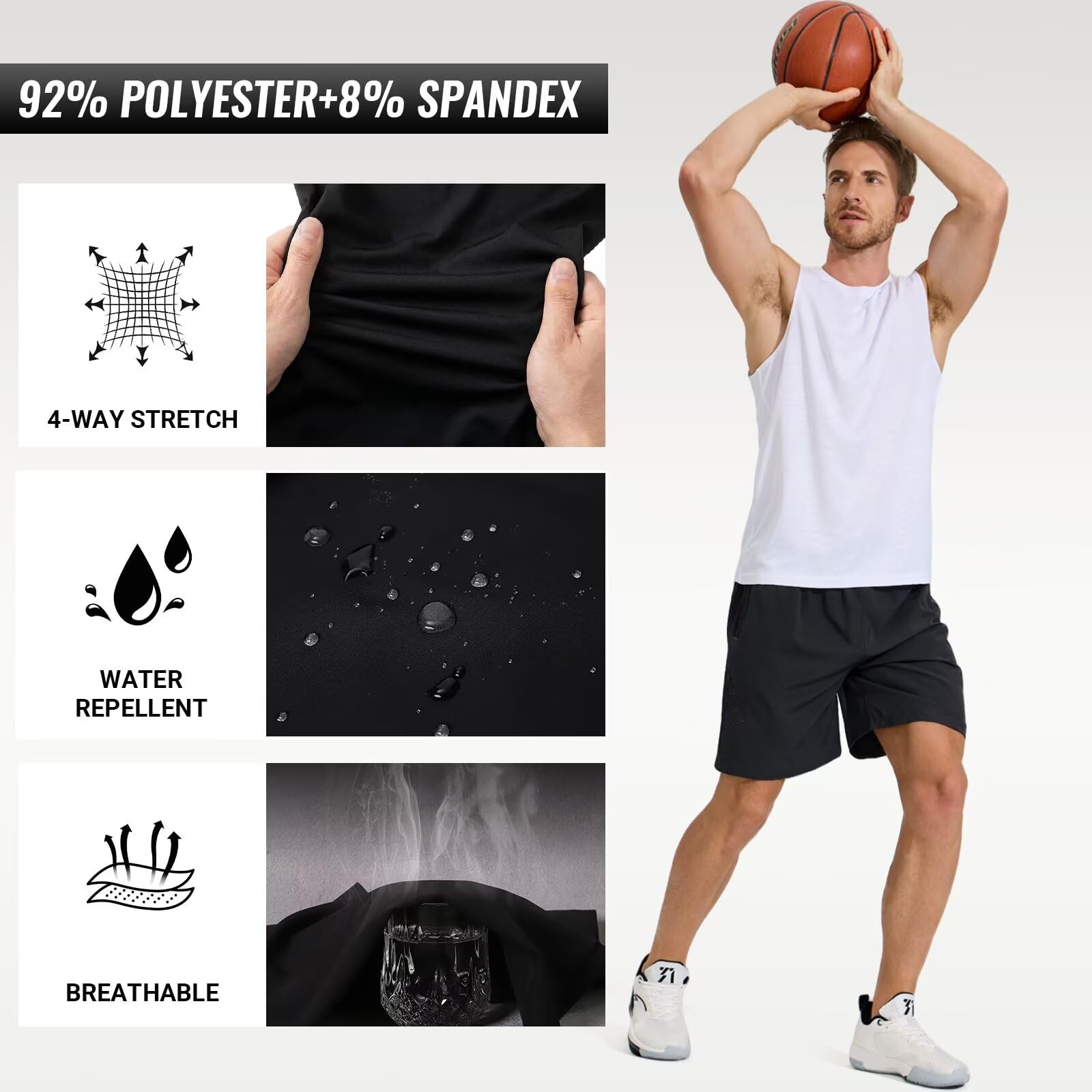 Short de Sport pour Homme avec Poche Zippée Sport Tennis Séchage Rapide Shorts de Course à Pied