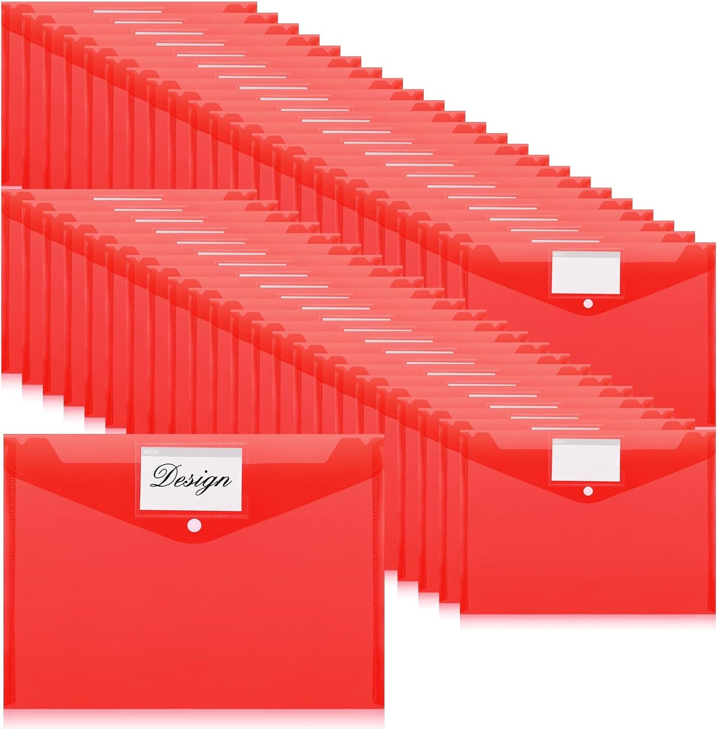 Lincia Plastic Envelopes A4 Size Poly Envelopes File Folders Work Document Holder Office Paper Plastic File Organizer with Label Pocket Snap Button Home Bag for School(Clear Red,48 Pcs)