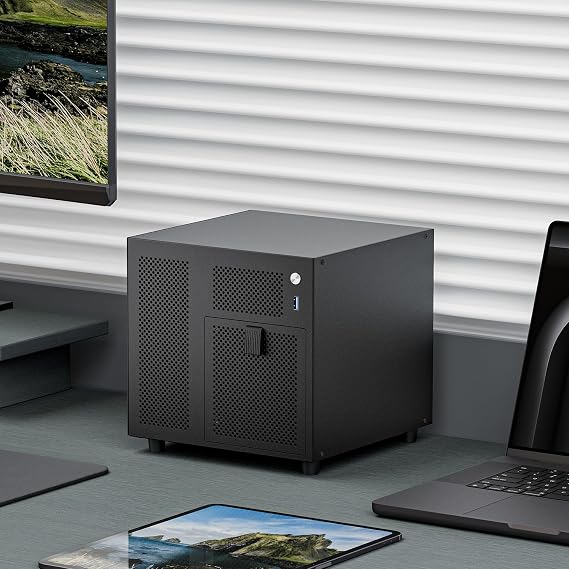 Mini ITX NAS Case, 4 Hot-Swap 3.5 HDD Bay NAS PC Chassis, Supports SFX/SFX-L/Flex PSU & 120mm Fan, Compact ITX Computer Case for Home Office Storage - Black