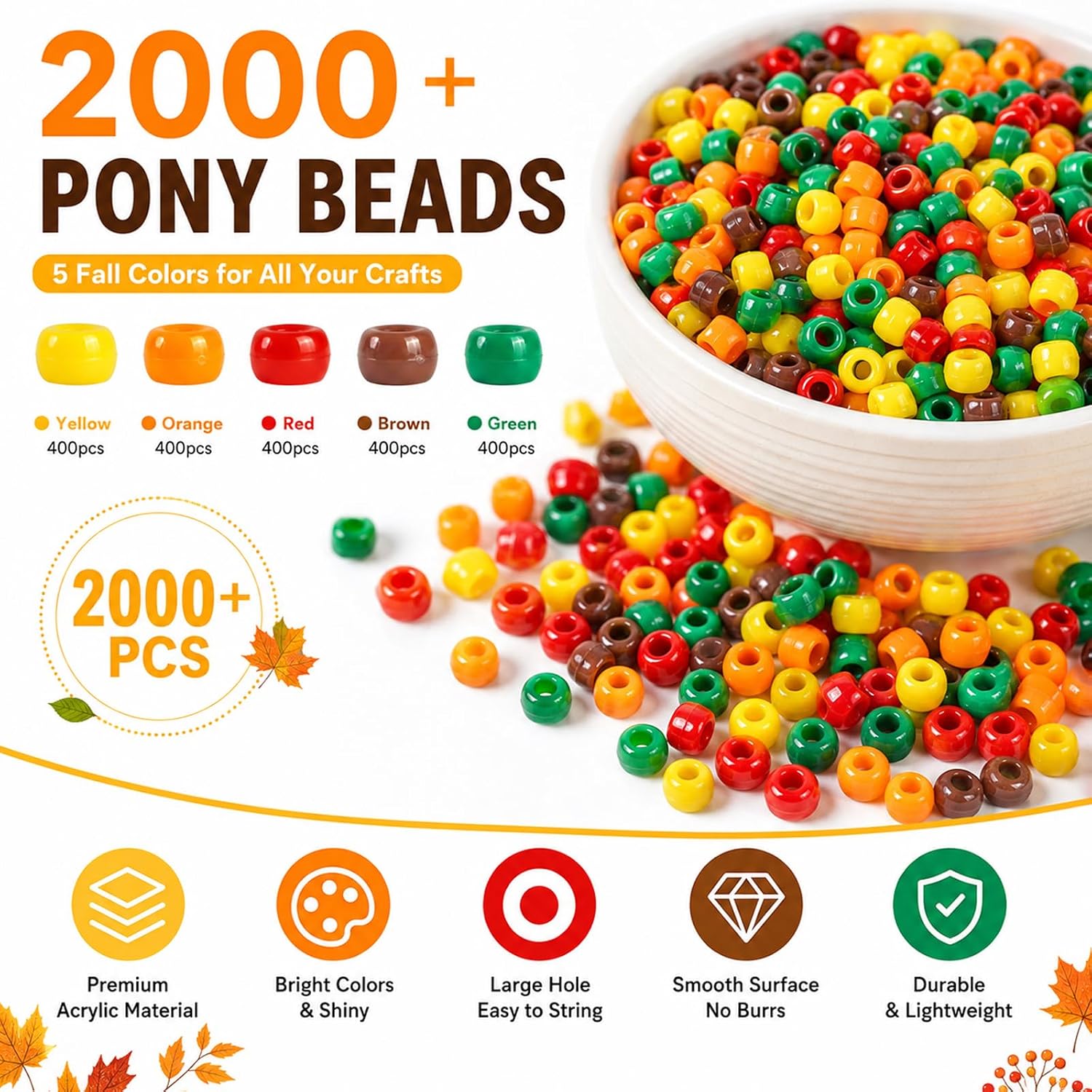 2000Pcs Pony Beads Bulk, Fall Pony Beads for Bracelets, Thanksgiving Friendship Bracelet Beads, Hair Beads for Braids, Beads for Jewelry Making, Plastic Beads for Crafts (Fall)