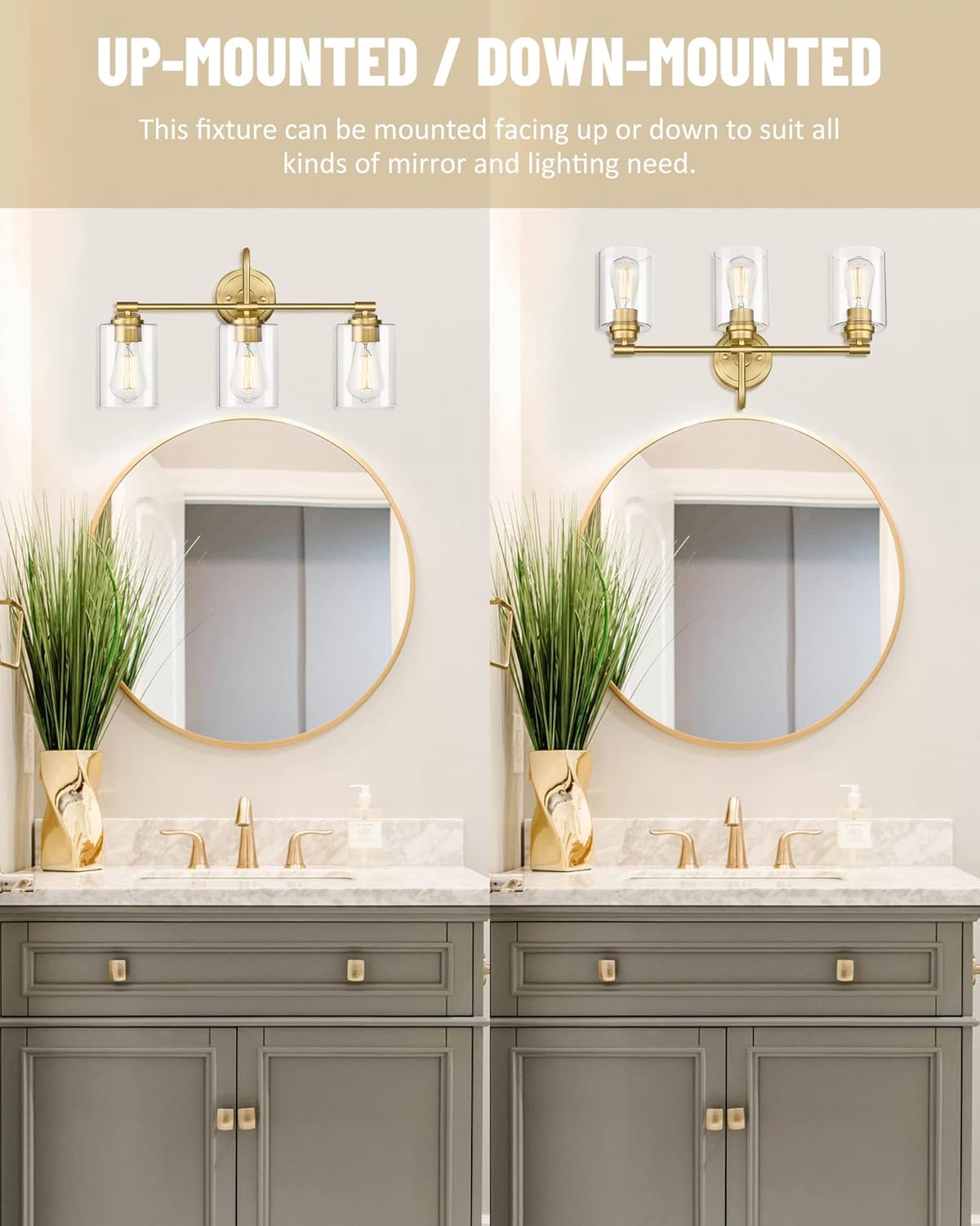 AKEZON Gold Bathroom Light Fixtures, 3-Light Vanity Light Over Mirror Lighting with Cylinder Glass Shade, KW-7306-3