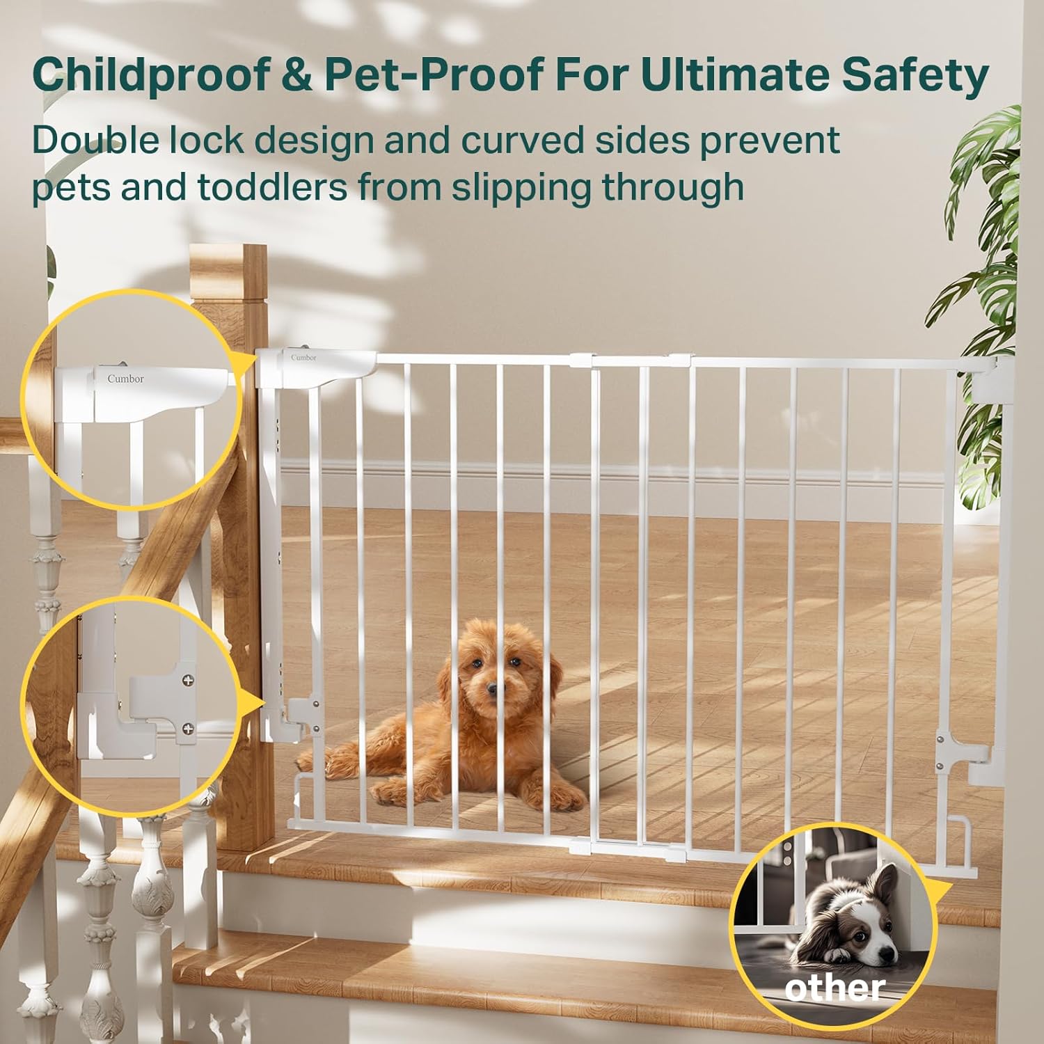 Cumbor 29.2–43" Baby Gate for Stairs (White) & 2 Pack Dog Gate (White)