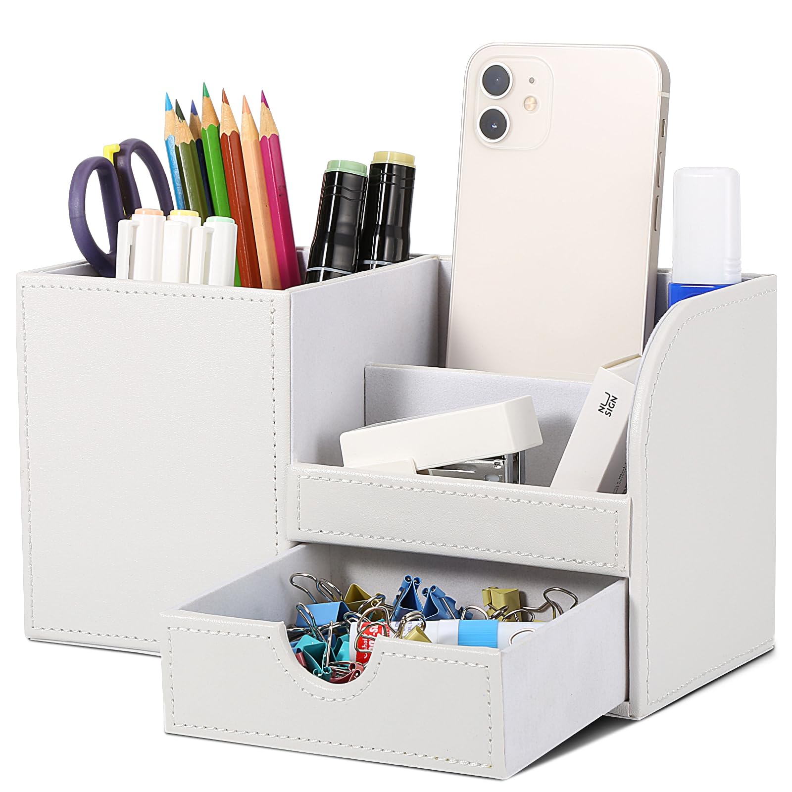 GORESE Office Desk Organiser Pen Holder Desk PU Leather Office Pencil Holder Organiser Pen Box Pen Holder Desktop Desk Accessories Office Supplies Organisation Decor (White 2)