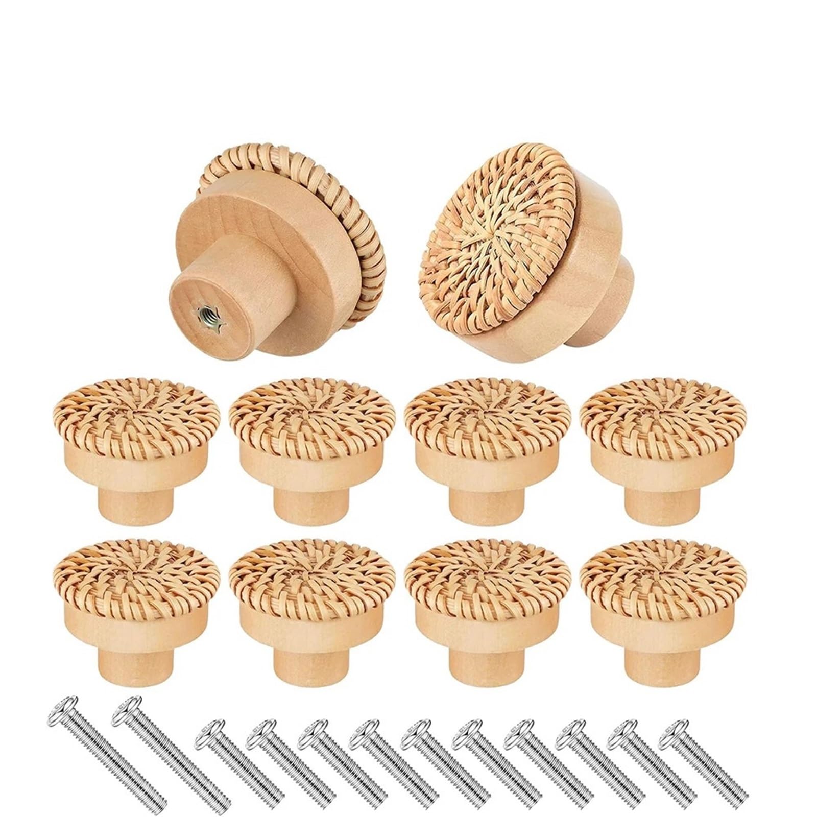 LSNNMU 10pcs Rattan Wooden Handles Round Handmade Cabinets Drawer Pulls Wood Kitchen Cupboard Wardrobe Door Dresser Knobs for Home(Yellow)