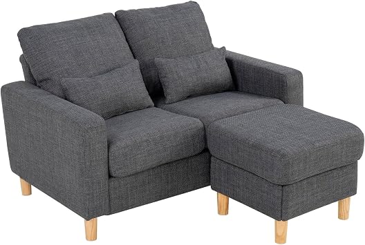 2 Seater Sofa with Storage Ottoman, Square Arms, Dark Grey Fabric