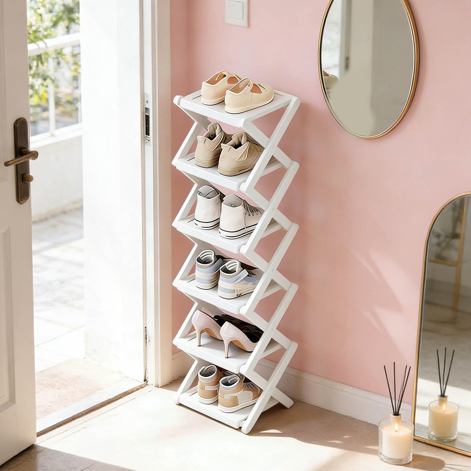 Zapatero de bambú de 2/3/4/5/6/7/8 niveles, no requiere instalación, zapatero plegable, almacenamiento multicapa, fuerte capacidad de carga, ahorro de espacio, para interiores, balcón (blanco, 7)