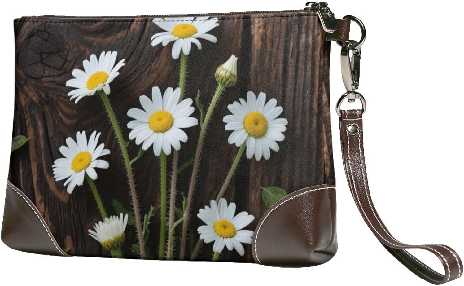 Daisy Wood Grain Leather Wristlet Wallet Clutch Purse for Women Handbags Travel Credit Card Holder Phone Bags