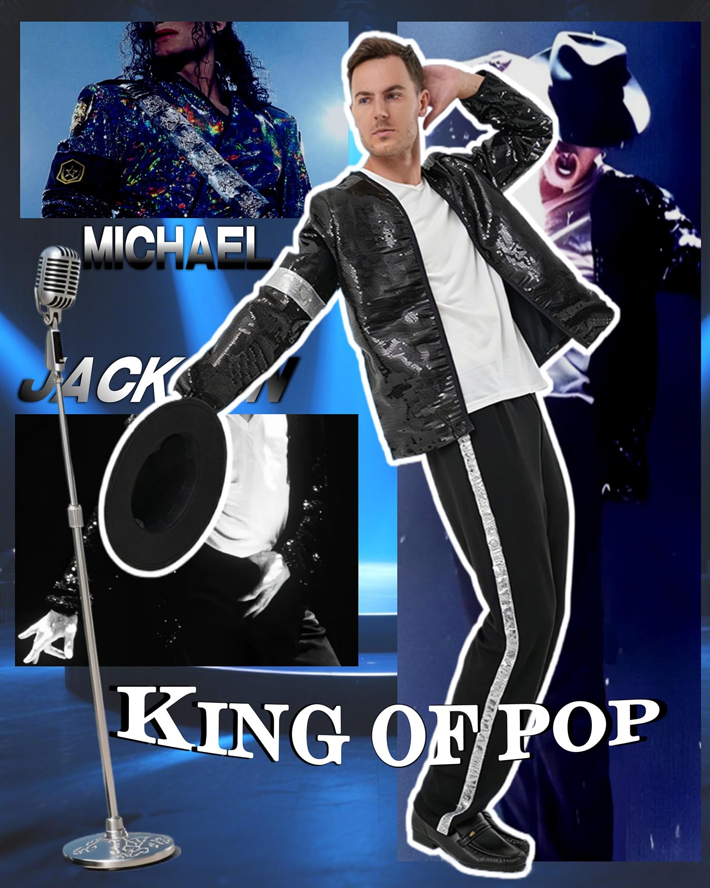 Costume de Michael de la danse pour enfants, garçons et filles – Veste à paillettes noires, pantalon, chapeau, gants à paillettes, tenue d'Halloween pour enfants des années 80 et 90