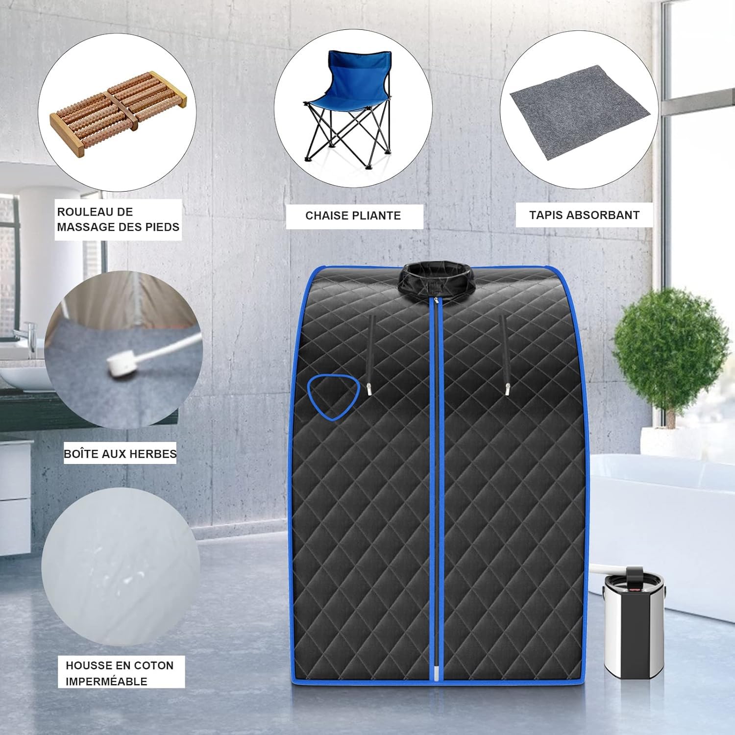 GOPLUS 1000W Sauna à Vapeur Portable 3L, Sauna Cabine Pliable avec Chaise, Température Réglable à 64℃, 9 Minuterie Réglable, Fonction d’atomisation pour Soulagement(Noir)