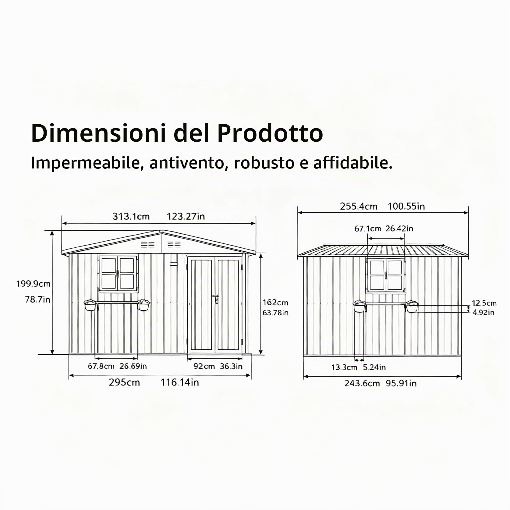 Moderna casetta da giardino in metallo, 313 x 255 x 200 cm, con finestre apribili e supporto per fiori, impermeabile, per cortile e giardino, grigio (grigio antracite, 3 x 2,4 m)