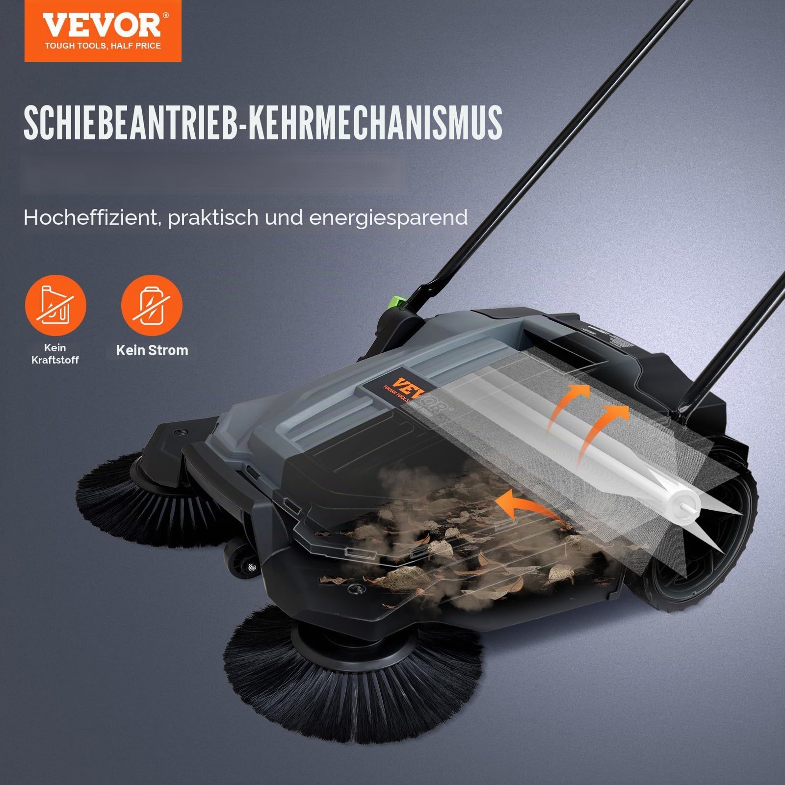 VEVOR Bodenkehrmaschine, mechanischer Kehrbesen mit 65 cm Kehrbreite, nicht elektrischer Handbesen, Abfallbehälter 18,9 L, klappbarer Griff mit einstellbarem Winkel und Höhe für Einfahrt und Hof