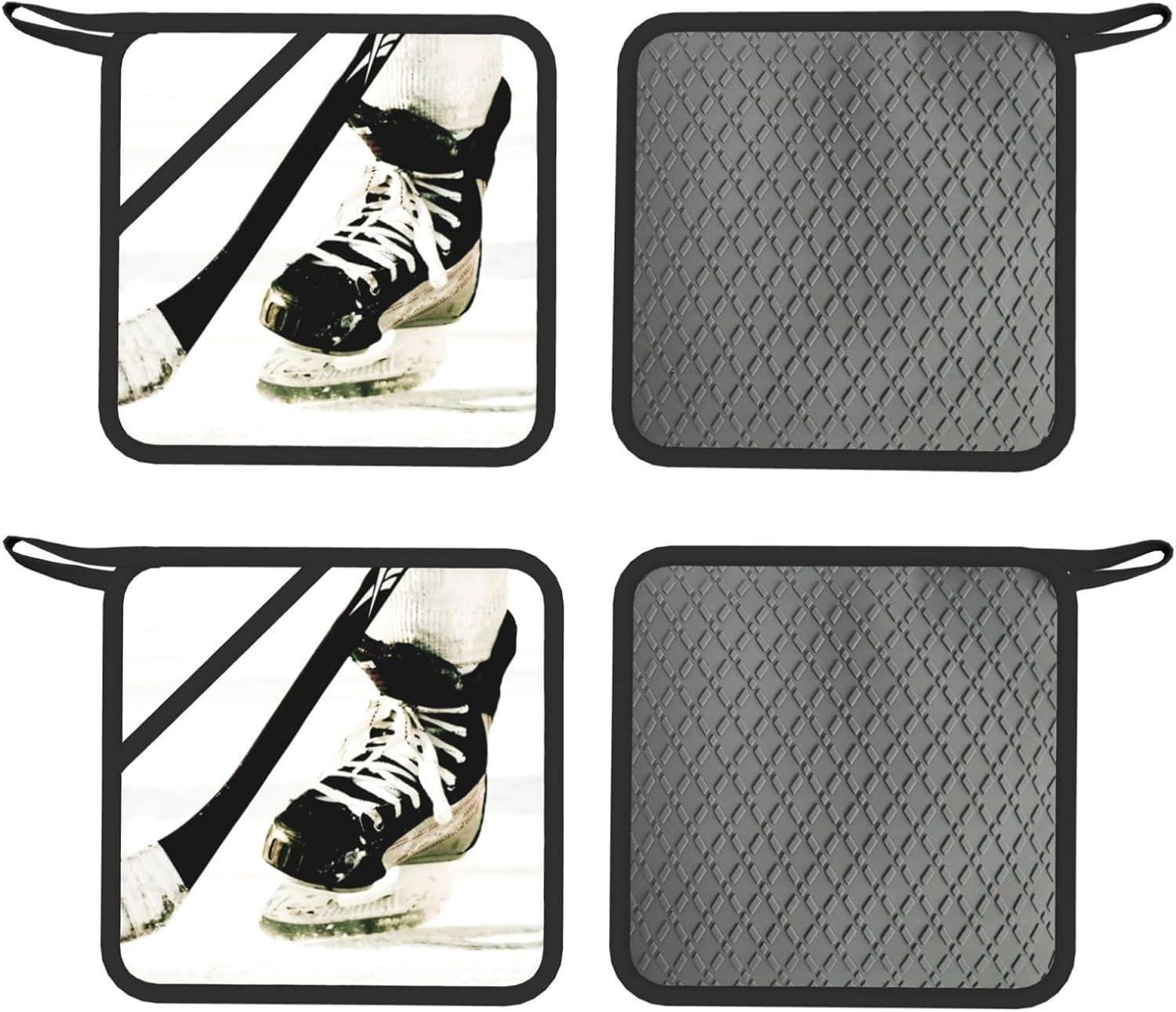 Ice Hockey Pattern Oven Mitts and Pot Holders Set of 4 Heat Resistant Kitchen Gloves with Silicone Palm Hot Pads for Baking Cooking Grilling BBQ