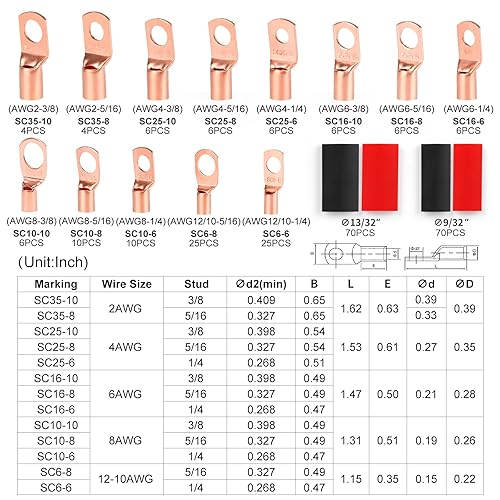 Miniatura 4 de Terminales de alambre de cobre, conectores de terminal, utilizados en cables AWG12 10 8 6 4 2, juego de termorretráctil, ojales de cobre desnudo,