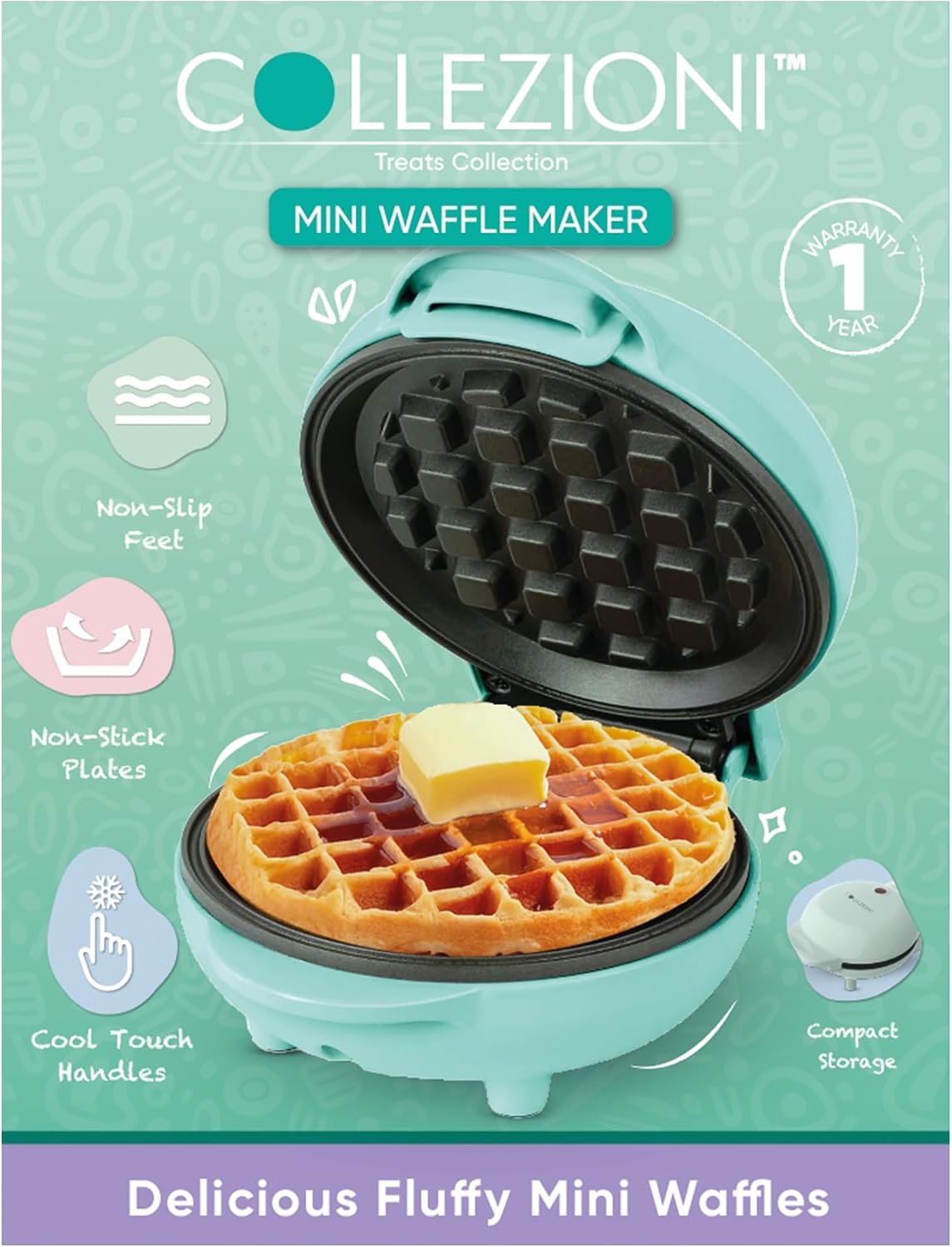 Collezioni Mini Waffle Maker 5'' Cooking Surface Non Stick Plates Cool Touch Handle Thermostatically controlled, Mint